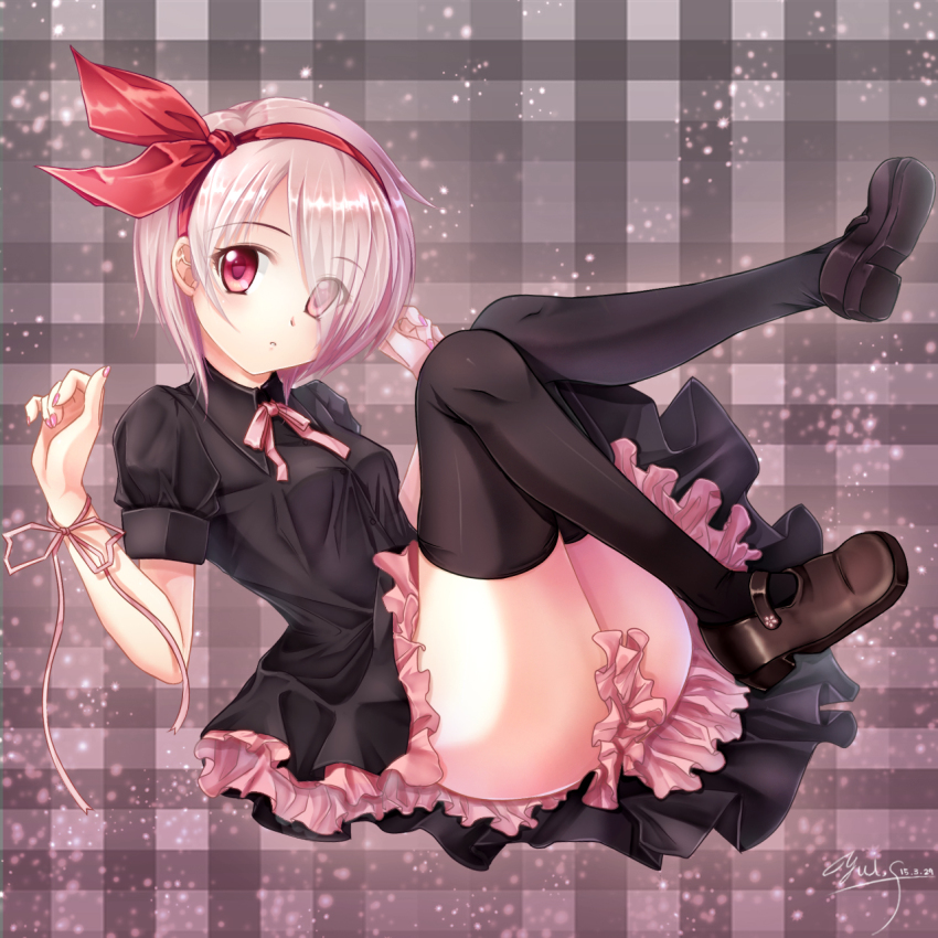 1girl black_dress black_thighhighs checkered_background convenient_censoring dress female_focus frills full_body hair_over_one_eye headband highres loafers looking_at_viewer mary_janes nail_polish original pink_eyes pink_hair plaid_background ribbon shoes short_hair signature sitting solo thighhighs thighs wristband yuitsuki1206