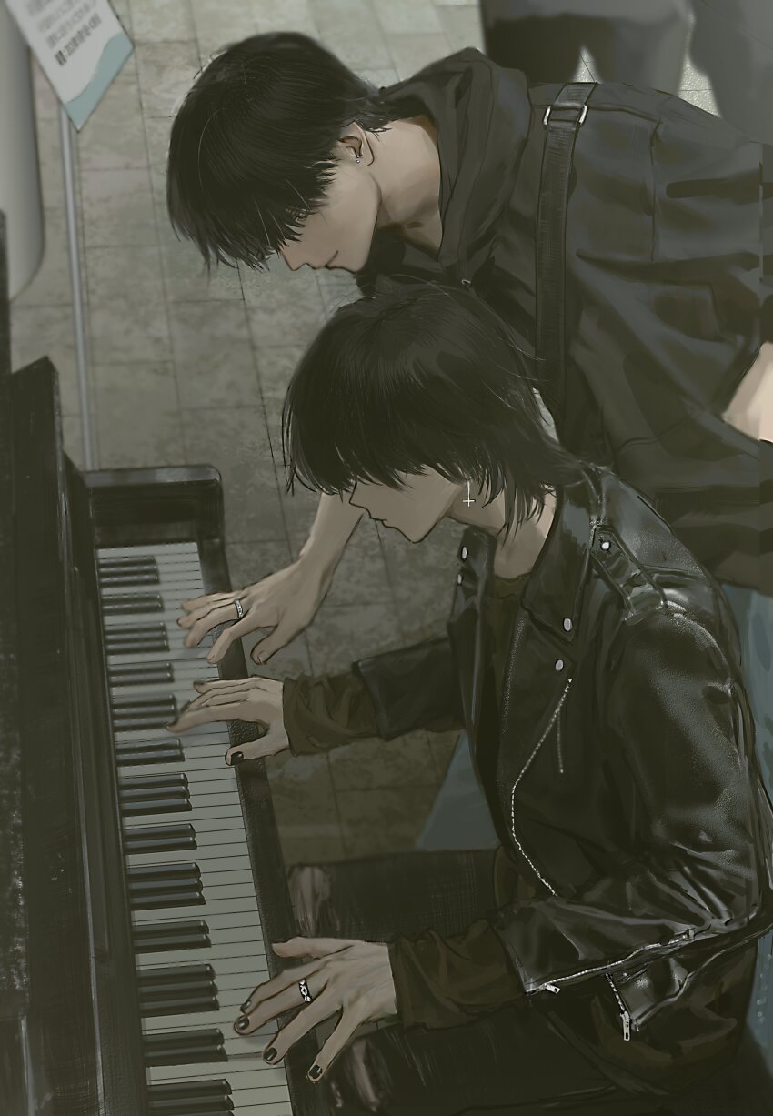 2boys absurdres black_hair black_hoodie black_jacket black_nails black_pantyhose closed_mouth cross earrings highres hirota_tsuu hood hood_down hoodie instrument inverted_cross inverted_cross_earrings jacket jewelry leather leather_jacket long_sleeves male_focus multiple_boys music nail_polish open_clothes open_jacket original pants pantyhose piano playing_instrument playing_piano ring short_hair sitting standing torn_clothes torn_pants zipper