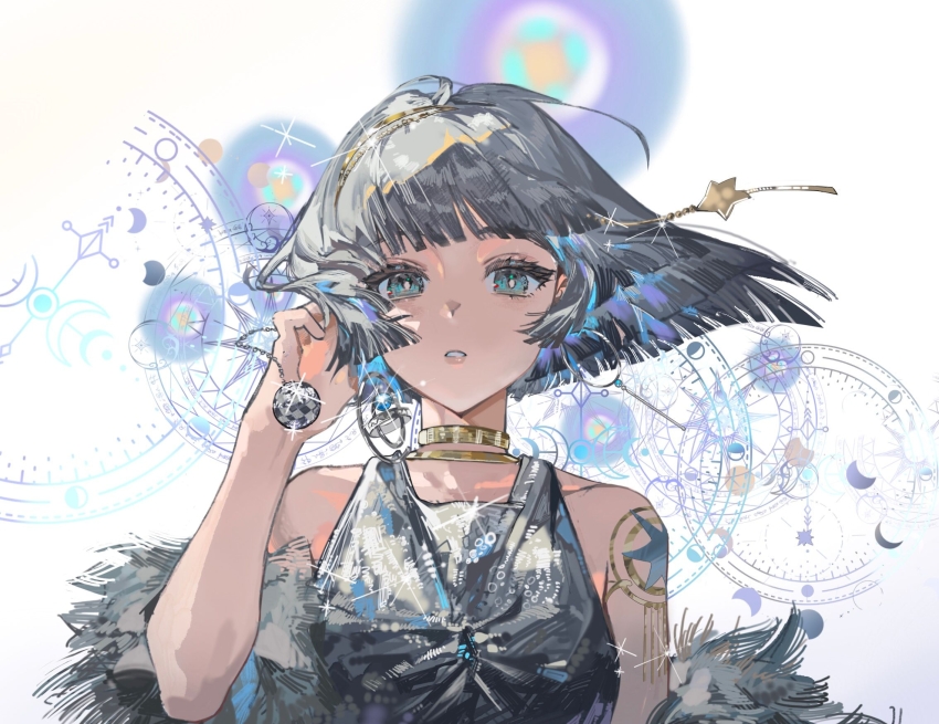 1girl aqua_eyes blunt_bangs blunt_ends commentary earrings glint gold_choker gold_hairband grey_hair hair_ornament hairband hand_in_own_hair highres jewelry kelezi looking_at_viewer mercuria_(reverse:1999) metal_hairband parted_lips reverse:1999 short_hair shoulder_tattoo solo straight-on tattoo upper_body
