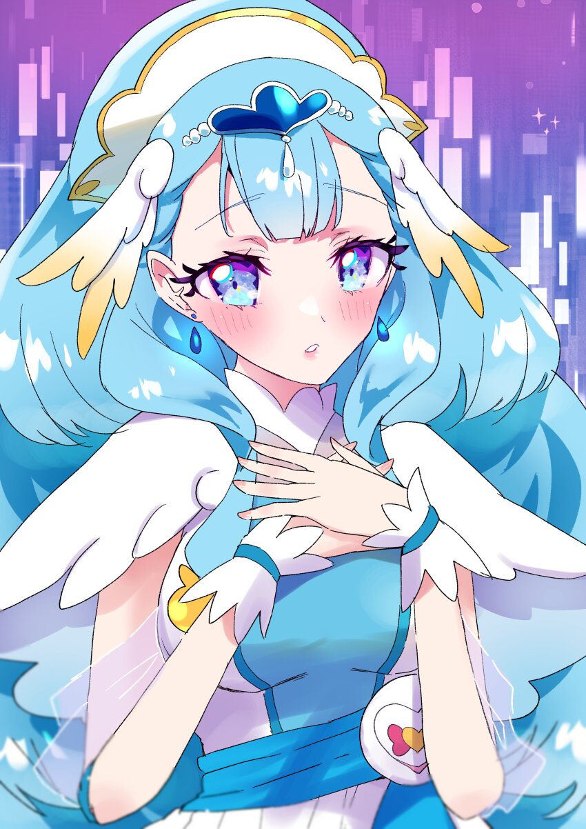 1girl absurdres blue_eyes blue_hair breasts cure_ange dress earrings gradient_background hands_on_own_chest hat head_wings heart_pouch highres hugtto!_precure jewelry long_hair looking_at_viewer magical_girl medium_breasts mikorin nurse_cap precure purple_background see-through_clothes see-through_sleeves smile thick_eyelashes upper_body very_long_hair wings wrist_cuffs