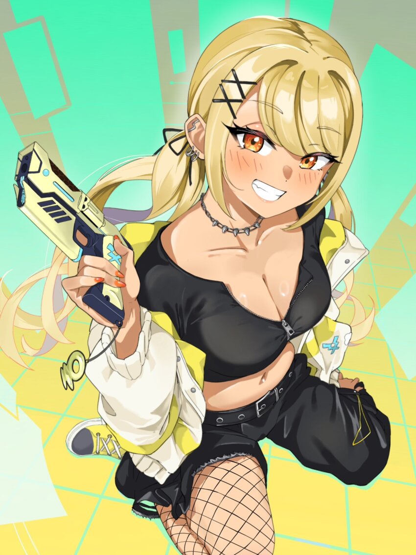 1girl asymmetrical_clothes belt black_belt black_pants black_shirt blonde_hair blush breasts cleavage crop_top earrings fishnet_pantyhose fishnets grin gun gyaru hair_ornament hair_ribbon highres hiromusan holding holding_gun holding_weapon jacket jewelry kaminari_qpi kaminari_qpi_(2nd_costume) lightning_bolt_piercing long_hair looking_at_viewer low_twintails medium_breasts midriff navel orange_nails pants pantyhose partially_unzipped ribbon shirt shoes single_pantsleg sitting smile sneakers solo spiked_necklace swept_bangs twintails virtual_youtuber vspo! wariza weapon white_jacket x_hair_ornament yellow_jacket yellow_shoes zipper_pull_tab