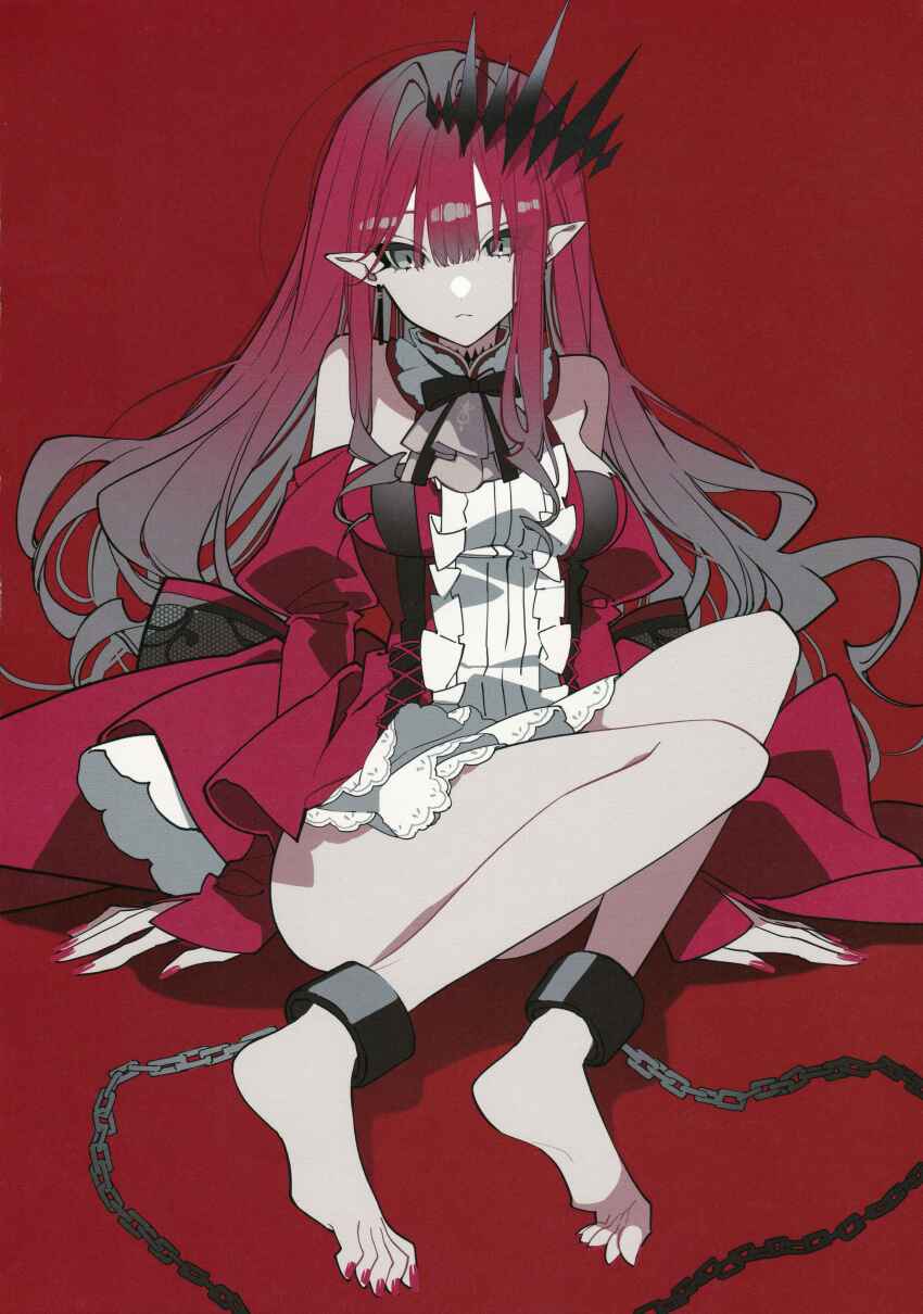 1girl absurdres baobhan_sith_(fate) baobhan_sith_(first_ascension)_(fate) bare_shoulders barefoot bound_ankles breasts chain detached_sleeves dress earrings fate/grand_order fate_(series) frilled_dress frills hair_ornament highres jewelry long_hair looking_at_viewer mochizuki_kei non-web_source pink_hair pointy_ears red_background red_dress scan sidelocks sitting solo