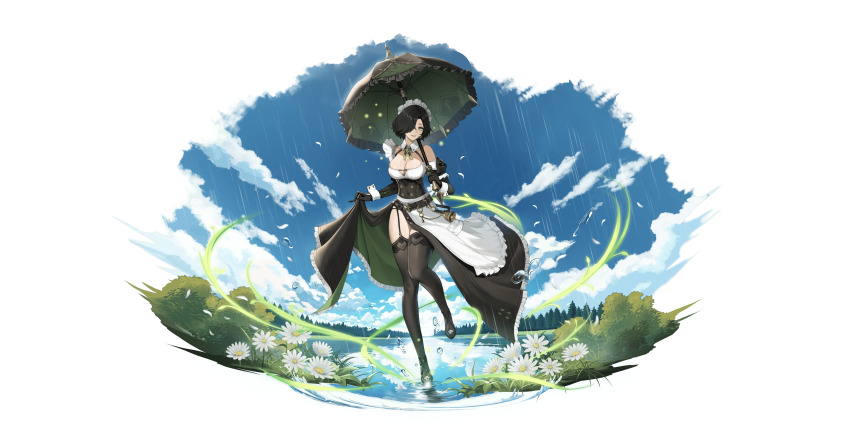 1girl absurdres apron belt black_belt black_dress black_gloves black_hair black_shoes black_thighhighs blue_sky border breasts cleavage cloud daisy day detached_sleeves diana_(rememento) dress florakinesis flower frilled_dress frilled_umbrella frills full_body garter_straps gloves green_eyes green_umbrella grin hair_over_one_eye highres juliet_sleeves large_breasts leg_up long_dress long_sleeves looking_at_viewer maid maid_headdress mature_female official_art outdoors panties panty_peek puffy_sleeves rain rememento:_white_shadow shoes short_hair side_slit single_bare_shoulder skirt_hold sky smile solo standing standing_on_one_leg thighhighs transparent_border umbrella umbrella_over_shoulder underwear wading waist_apron water water_drop white_apron white_flower