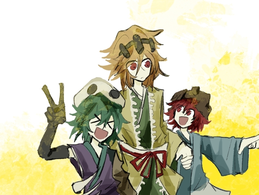 &gt;_&lt; 3others androgynous apron black_gloves black_hairband blue_kimono blue_sleeves brown_helmet brown_sleeves chinese_commentary closed_mouth commentary_request cowboy_shot detached_sleeves elbow_gloves frilled_jacket frills gloves green_hair green_kimono hair_between_eyes hair_rollers hairband haori happy hat height_difference helmet jacket japanese_clothes katano_sukune kimono kitsugai_sese len&#039;en light_frown long_sleeves looking_at_another medium_hair multiple_others open_clothes open_jacket open_mouth orange_hair other_focus pointing pointing_forward purple_kimono red_eyes red_hair red_ribbon ribbon sash shi_tong short_hair simple_background single_detached_sleeve single_elbow_glove skull-shaped_hat sleeveless sleeveless_kimono smile v waist_apron waist_ribbon waist_sash white_apron white_hat white_sash wide_sleeves yellow_background yellow_jacket yellow_sleeves zuifeng_tenkai