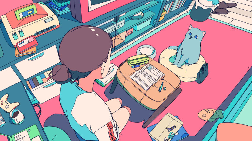 1girl akabane_1999 animal blue_eyes brown_hair cat coffee commentary_request computer controller crt cup cushion fisheye game_console game_controller grey_cat hair_bun highres indoors laptop liquid loaded_interior long_sleeves looking_at_another mug nintendo_64 original papers pen pencil_case pet_toy seiza shirt sitting slice_of_life slippers solo television white_shirt