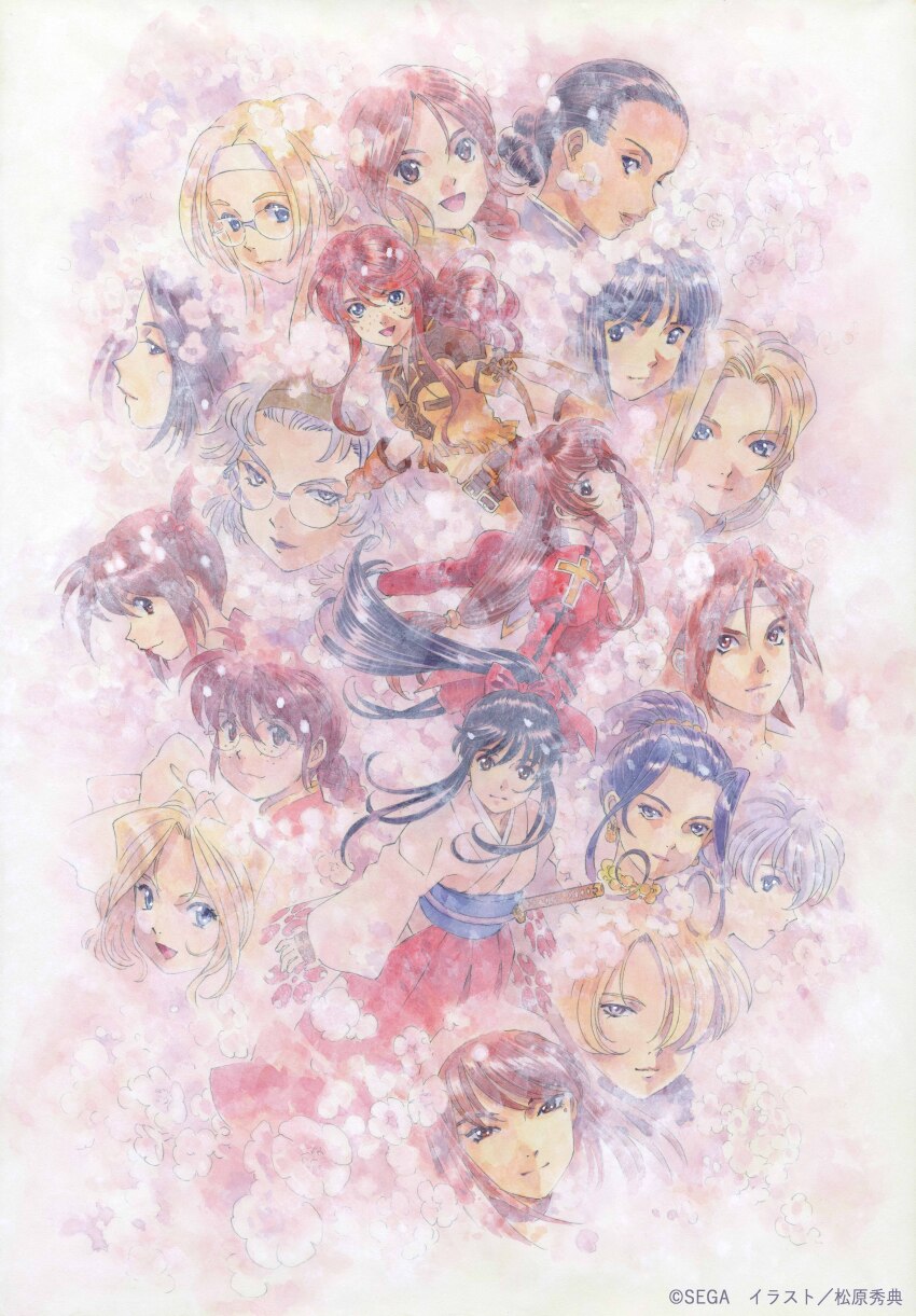 1990s_(style) 1other 6+girls absurdres androgynous arms_behind_back artist_name bead_necklace beads belt black_eyes black_hair blonde_hair blue_eyes blue_headband braid brown_belt brown_eyes brown_gloves brown_hair buttons child coquelicot_(sakura_taisen) cowboy_shot cowboy_western crack cracked_glass cross dark-skinned_female dark_skin denim denim_skirt diana_caprice dress earrings english_text erica_fontaine everyone fingerless_gloves floral_background floral_print floral_print_kimono fringe_trim gemini_sunrise glass gloves glycine_bleumer green_eyes grey_eyes grey_hair group_picture hair_over_one_eye hair_ribbon hairband hakama hakama_skirt happy head_only headband highres iris_chateaubriand japanese_clothes jewelry juliet_sleeves kanzaki_sumire katana kimono kirishima_kanna kitaooji_hanabi kujou_subaru lobelia_carlini long_sleeves looking_at_viewer maria_tachibana matsubara_hidenori miniskirt multiple_girls necklace nose official_art open_mouth outstretched_arms parted_bangs parted_lips pink_background pink_kimono pink_sleeves ponytail print_kimono puffy_sleeves purple_eyes purple_hair purple_sash red_dress red_hair red_hakama red_ribbon red_sleeves reni_milchstrasse retro_artstyle ri_kouran ribbon rikaritta_aries round_eyewear sagitta_weinberg sakura_taisen sakura_taisen_ii sakura_taisen_iii sakura_taisen_v sash second-party_source sega shinguuji_sakura short_hair short_sleeves sidelocks simple_background skirt soletta_orihime straight_hair sword thigh_strap updo wavy_hair weapon white_background white_hair white_hairband white_headband wide_sleeves