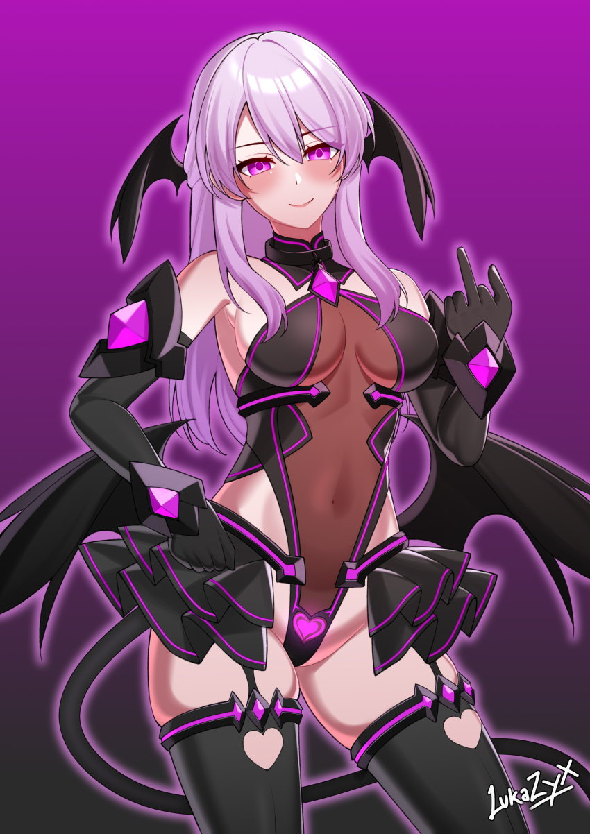 1girl absurdres alternate_costume bare_shoulders black_gloves black_skirt black_thighhighs blush breasts corruption covered_navel dark_persona demon_girl demon_tail demon_wings elbow_gloves fire_emblem fire_emblem:_radiant_dawn gloves head_wings highleg highleg_leotard highres kouyoku_senki_exs-tia leiva leotard liberator_(kouyoku_senki_exs-tia) long_hair looking_at_viewer medium_breasts micaiah_(fire_emblem) middle_finger mind_control nintendo pubic_tattoo purple_background purple_eyes purple_hair see-through_clothes showgirl_skirt simple_background skindentation skirt smile solo tail tattoo thighhighs thighs wings