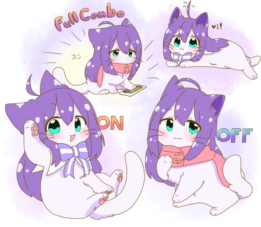 ahoge animal animal_focus animalization blush bow bowtie cat cellphone closed_mouth clothed_animal english_text green_eyes highres hutaba idolmaster idolmaster_million_live! long_hair looking_at_viewer mochizuki_anna multiple_views no_humans open_mouth phone pink_scarf purple_hair scarf smartphone smile