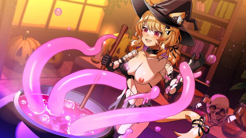 1girl 364ing absurdres animal_ear_fluff animal_ears black_choker black_dress black_gloves blonde_hair blush book bookshelf breasts candle cat_ears cat_girl cat_tail cauldron choker commentary consensual_tentacles desk detached_sleeves dress dutch_angle ears_through_headwear elbow_gloves english_commentary facial_mark flask gloves halloween hat highres indie_virtual_youtuber indoors jack-o&#039;-lantern long_hair medium_breasts nipples no_bra open_mouth red_eyes ribbon second-party_source shyrei_faolan skull solo stirring tail tail_ornament tail_ribbon tentacles torn_clothes torn_dress torn_gloves virtual_youtuber volumetric_flask whisker_markings witch witch_hat