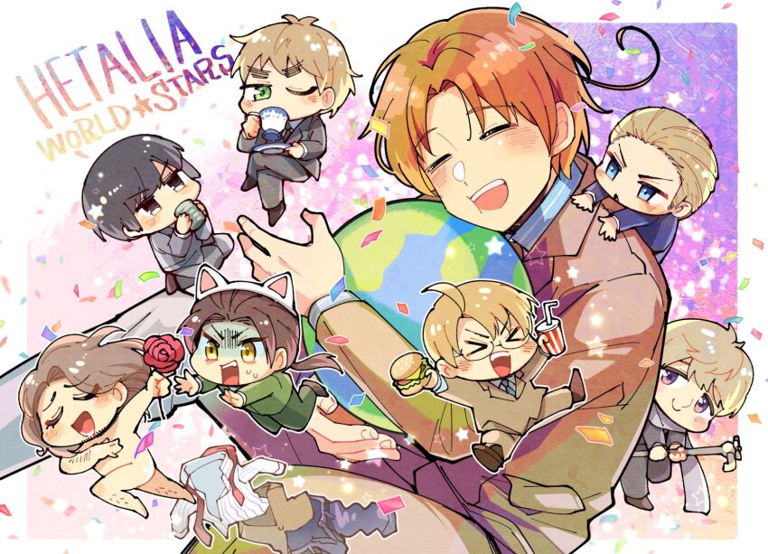 &gt;_&lt; 6+boys ahoge america_(hetalia) animal_ears arms_up axis_powers_hetalia black-framed_eyewear black_hair black_shoes blonde_hair blue_eyes blue_necktie blue_shirt blush blush_stickers border brown_eyes brown_hair brown_jacket brown_pants brown_shoes burger cat_ears chibi china_(hetalia) closed_eyes closed_mouth collared_shirt confetti copyright_name covering_own_mouth crossed_legs cup disposable_cup dog_bow_wow drinking drinking_straw earth_(planet) facial_hair fake_animal_ears fingernails floating_hair flower food formal_clothes france_(hetalia) full_body germany_(hetalia) glasses gradient_background green_eyes green_jacket green_pants grey_jacket grey_pants hand_on_own_chest happy highres holding holding_burger holding_cup holding_flower holding_food holding_lead_pipe holding_plate hug jacket jumping lapels lead_pipe long_hair long_sleeves looking_at_another looking_at_viewer low_ponytail male_focus multiple_boys necktie northern_italy_(hetalia) one_eye_closed open_mouth orange_hair outside_border pants pink_background planet plate ponytail purple_background purple_eyes purple_jacket red_flower red_rose rose russia_(hetalia) scarf seiza semi-rimless_eyewear shirt shoes short_hair sidelocks sitting smile standing star_(symbol) striped_clothes striped_shirt suit suit_jacket sweat teeth two-tone_background united_kingdom_(hetalia) v-shaped_eyebrows vertical-striped_clothes vertical-striped_shirt white_border white_scarf white_shirt yellow_eyes yunomi