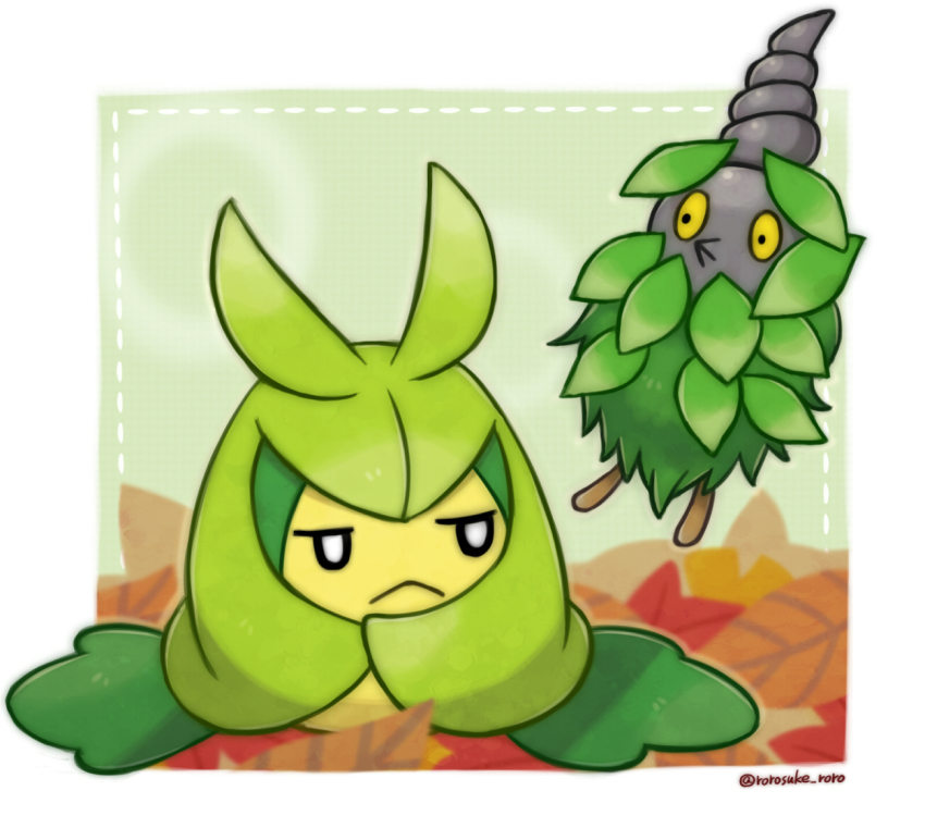 :&lt; animal_focus artist_name autumn_leaves bad_id bad_pixiv_id black_eyes border burmy burmy_(plant) closed_mouth colored_sclera day floating gen_4_pokemon gen_5_pokemon green_background half-closed_eyes leaf looking_at_another looking_to_the_side nintendo no_humans outdoors outline outside_border pokemon pokemon_(creature) rorosuke swadloon twitter_username white_border white_eyes yellow_sclera
