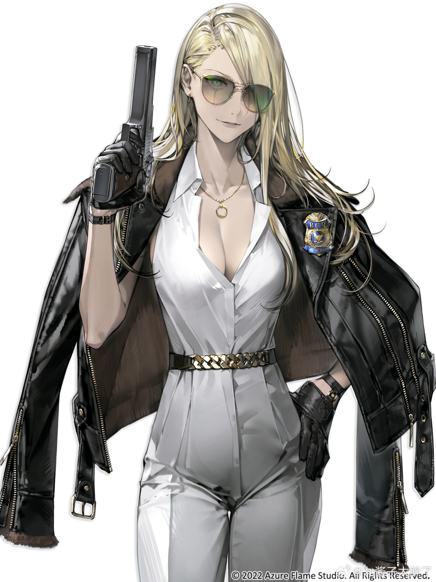 1girl belt black_gloves breasts chinese_commentary closed_mouth collarbone commentary_request copyright_name desert_eagle echoes_of_vision gloves gun hair_over_one_eye hand_on_own_hip handgun highres holding holding_weapon jacket jacket_on_shoulders jewelry leather leather_jacket lips long_hair looking_at_viewer magnum_(echoes_of_vision) medium_breasts necklace official_art pants quuni scar scar_across_eye scar_on_face simple_background solo sunglasses weapon white_background white_pants zipper zipper_pull_tab