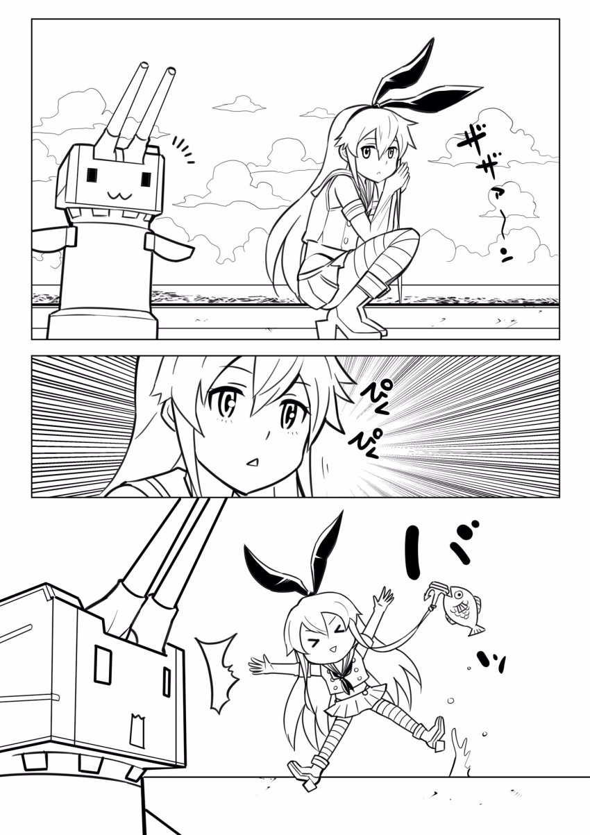 &gt;_&lt; 1girl anchor_hair_ornament animal_ears chibi closed_eyes comic elbow_gloves emphasis_lines fake_animal_ears fish fishing gloves greyscale hair_between_eyes hair_ornament highres inoue_kousei kantai_collection long_hair midriff monochrome ocean open_mouth own_hands_clasped own_hands_together pleated_skirt rabbit_ears rensouhou-chan school_uniform serafuku shimakaze_(kancolle) shirt sidelocks skirt sleeveless sleeveless_shirt smile squatting striped_clothes striped_thighhighs surprised thighhighs translation_request