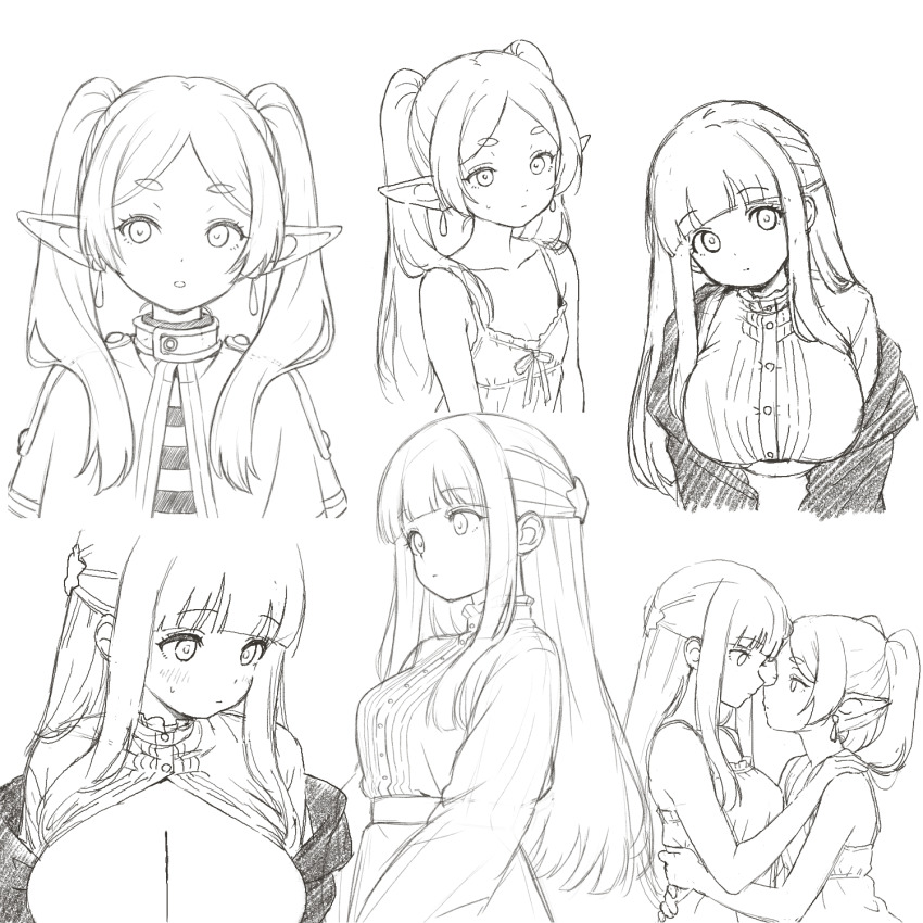 2girls blunt_bangs breasts buttons closed_mouth dot_nose dress earrings expressionless fern_(sousou_no_frieren) forehead frieren head_tilt highres jewelry large_breasts lineart long_hair monochrome multiple_girls multiple_views nattocurryumeee open_clothes open_mouth open_shirt pointy_ears portrait sidelocks simple_background sketch small_breasts sousou_no_frieren twintails upper_body white_background yuri