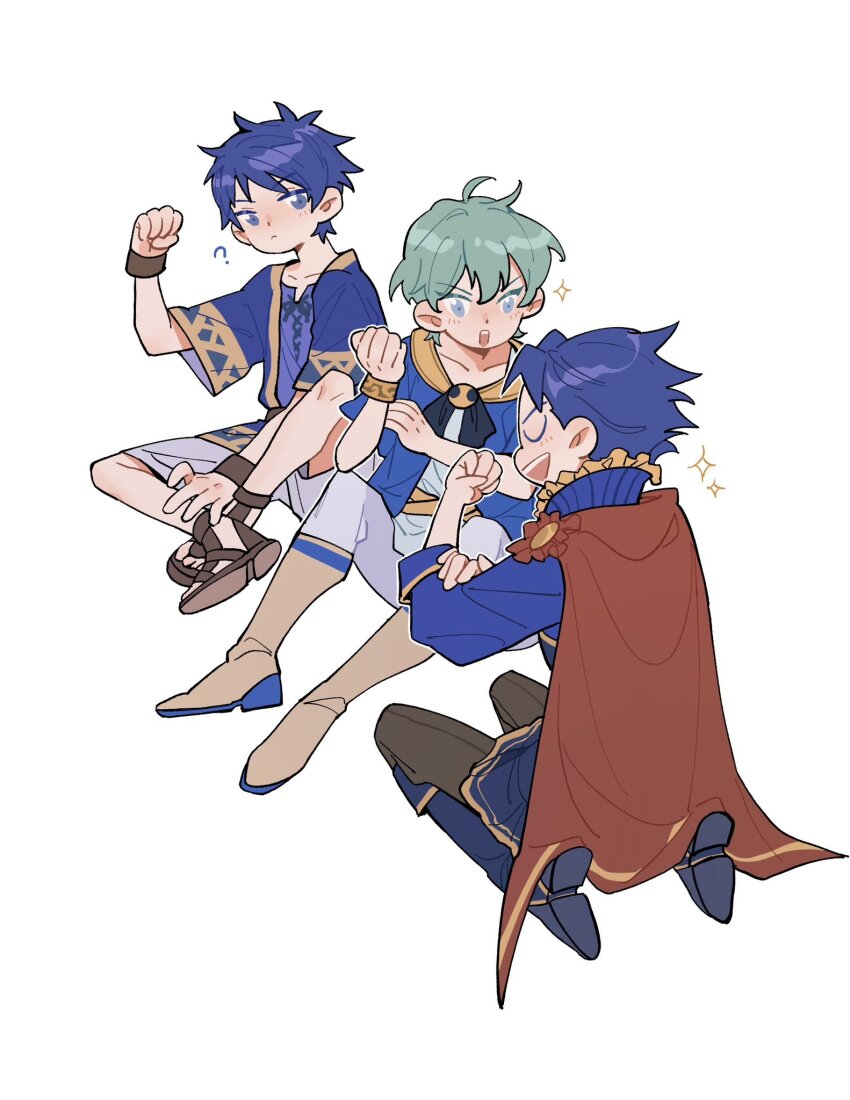 3boys ? aged_down blue_eyes blue_hair boots cape child commentary cross-laced_clothes cross-laced_top ephraim_(fire_emblem) ephraim_(twin_refulgence)_(fire_emblem) fire_emblem fire_emblem:_path_of_radiance fire_emblem:_the_blazing_blade fire_emblem:_the_sacred_stones fire_emblem_heroes green_hair hector_(fire_emblem) hector_(sworn_friend)_(fire_emblem) highres ike_(close-knit_siblings)_(fire_emblem) ike_(fire_emblem) julianlynnnn male_focus multiple_boys nintendo official_alternate_costume red_cape sandals short_hair simple_background symbol-only_commentary white_background