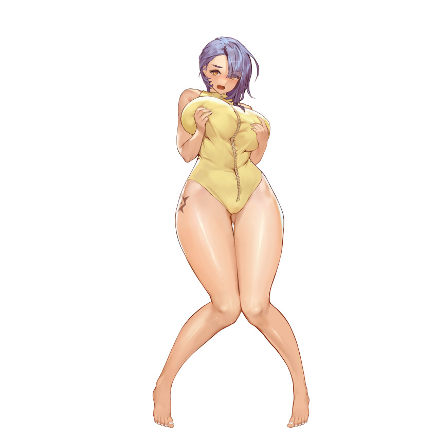 1girl asymmetrical_bangs barefoot blush breasts covered_erect_nipples dark-skinned_female dark_skin embarrassed eyes_visible_through_hair full_body game_cg grabbing_own_breast highres huge_breasts knees_together_feet_apart last_origin navel official_art one-piece_swimsuit open_mouth purple_hair quick_camel rorobomb short_hair simple_background solo swimsuit tachi-e tattoo thick_thighs thigh_gap thighs transparent_background wide_hips yellow_eyes zipper