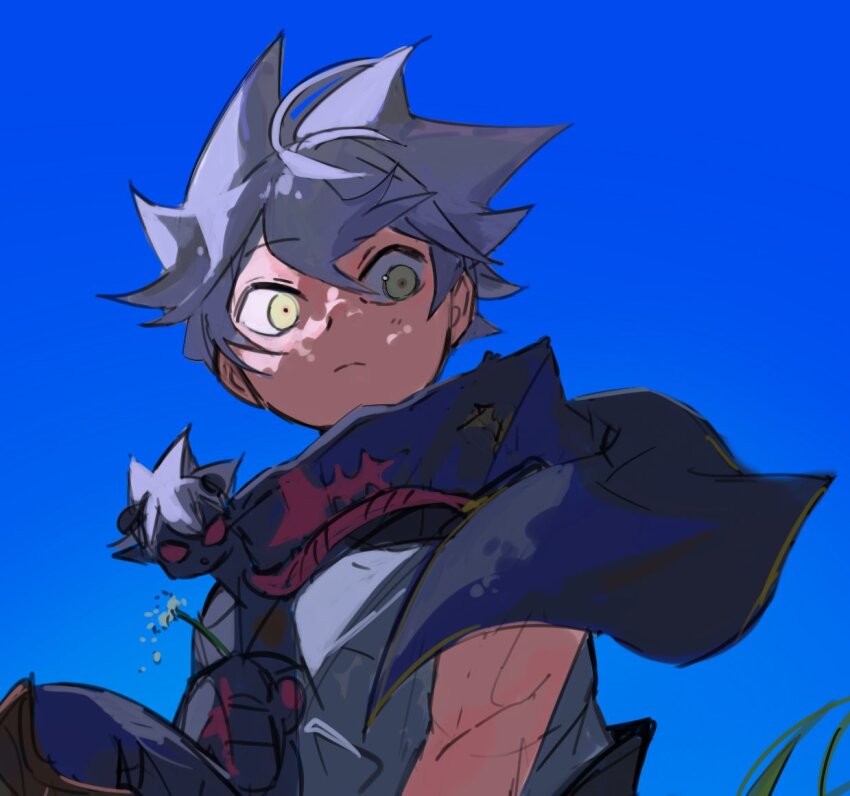 2boys asta_(black_clover) black_capelet black_clover black_hands black_skin blue_sky capelet colored_extremities colored_skin dandelion dappled_sunlight demon_boy familiar flower green_eyes grey_hair holding holding_flower immortalmonkey liebe_(black_clover) light_frown male_focus mini_person miniboy multicolored_skin multiple_boys on_shoulder red_eyes short_hair sitting sky spiked_hair sunlight two-tone_skin