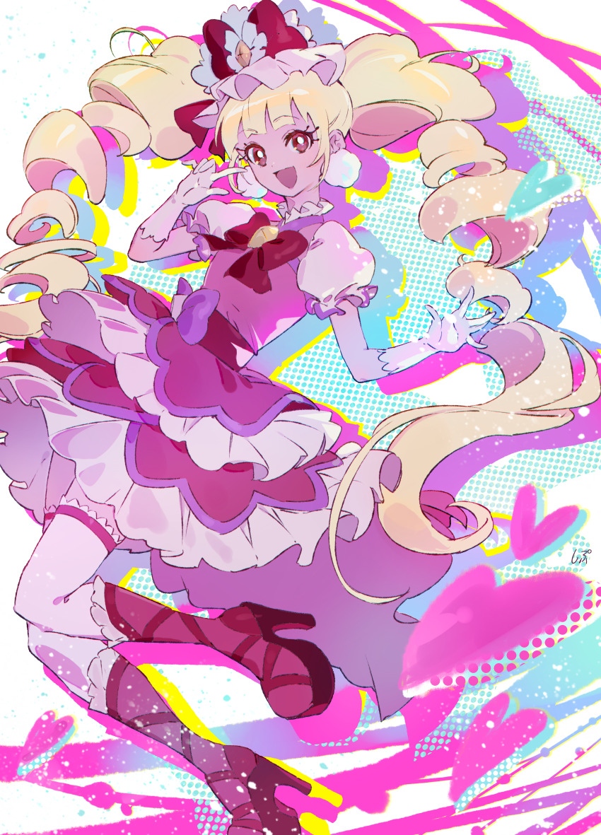 1girl absurdres aisaki_emiru blonde_hair blunt_bangs boots bow bowtie bright_pupils brooch collared_dress cure_macherie dress drill_hair drop_shadow earrings finger_to_face frilled_dress frilled_footwear frilled_headwear frilled_sleeves frills full_body gloves hair_bow halftone happy hat heart high_heel_boots high_heels highres hugtto!_precure jewelry knee_boots lace lace-trimmed_thighhighs lace_trim large_earrings light_particles long_hair magical_girl makeup mascara mini_hat open_mouth outline pink_dress pom_pom_(clothes) pom_pom_earrings precure puffy_short_sleeves puffy_sleeves purple_bow red_boots red_bow red_bowtie red_eyes shipu_(gassyumaron) short_dress short_sleeves smile solo standing tareme thighhighs twin_drills twintails v waist_bow white_background white_gloves white_hair white_pupils white_sleeves white_thighhighs yellow_brooch yellow_outline