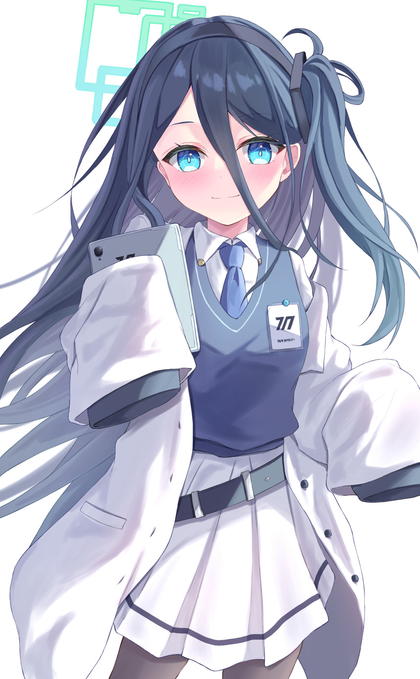 1girl absurdres alternate_costume aqua_eyes aqua_halo aris_(blue_archive) belt black_belt black_hairband black_pantyhose blue_archive blue_hair blue_necktie blue_vest blush bright_pupils buttons closed_mouth coat collared_shirt commentary_request cowboy_shot dot_nose floating_hair hair_between_eyes hairband halo hands_up highres holding hutaba_miyagi id_card lab_coat long_hair long_hair_between_eyes long_sleeves looking_at_viewer loose_belt millennium_science_school_logo necktie object_request off_shoulder one_side_up open_clothes open_coat pantyhose parted_bangs pleated_skirt pocket rectangular_halo ringed_eyes school_uniform shirt simple_background skirt sleeves_past_fingers sleeves_past_wrists smile split_mouth very_long_hair vest white_background white_coat white_shirt white_skirt