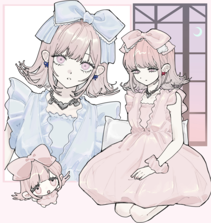 1girl absurdres bare_shoulders blue_bow blue_dress bow brown_hair chibi commentary_request danganronpa_(series) danganronpa_2:_goodbye_despair dress earrings flat_chest hair_bow hair_ornament highres jewelry kneeling medium_hair nanami_chiaki necklace pink_bow pink_dress scrunchie seailand wrist_scrunchie