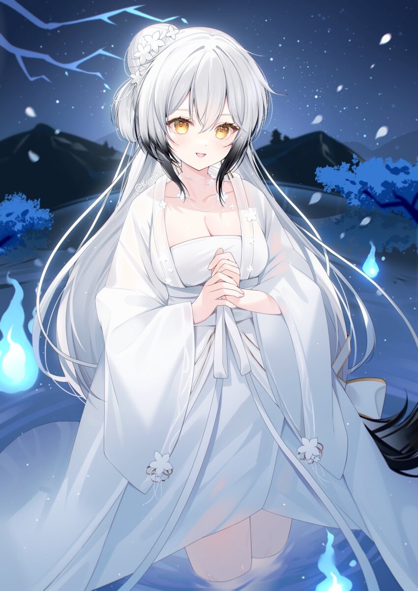 1girl azur_lane blue_fire breasts chinese_clothes cleavage collarbone dress fire flower gradient_hair grey_hair hai_tien_(autumn_night_of_wandering_spirits)_(azur_lane) hai_tien_(azur_lane) hair_bun hair_flower hair_ornament highres kooriais lake large_breasts long_dress long_hair long_sleeves looking_at_viewer mountain multicolored_hair night official_alternate_costume open_mouth solo star_(sky) very_long_hair wading white_dress white_flower white_hair wide_sleeves yellow_eyes