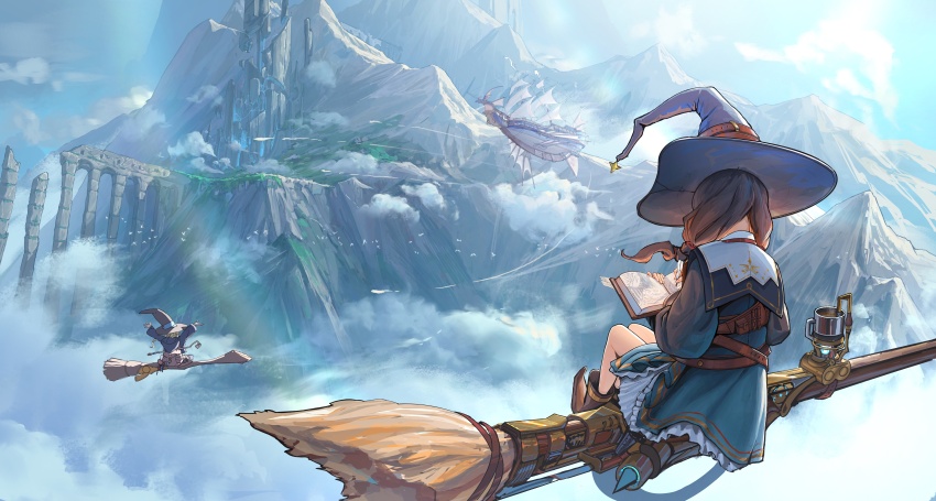 1girl 1other absurdres aircraft airship ambiguous_gender blonde_hair book bridge broken_bridge broom broom_riding brown_footwear brown_hair cloud cloudy_sky day fantasy from_behind hat highres holding holding_book holding_quill long_hair mechanical_broom merlimambrosuis mountain original outdoors quill scenery sitting sky solo_focus witch witch_hat