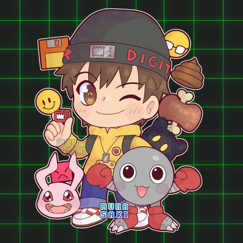 blush bone botamon digimon digimon_(creature) fangs food highres koromon looking_at_viewer mamemon mameo_(digimon) meat one_eye_closed wink
