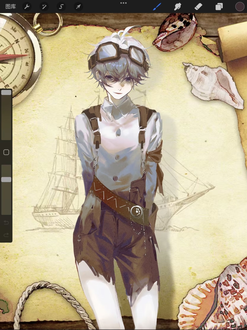 1boy ahoge art_program_in_frame belt black_eyes brown_belt brown_shorts buttons c8h11o2n chinese_commentary collared_shirt commentary_request cowboy_shot hair_intakes highres long_sleeves male_focus open_mouth original pale_skin procreate_(medium) procreate_(software) shirt shorts smile solo suspender_shorts suspenders torn_clothes torn_shorts white_hair white_shirt