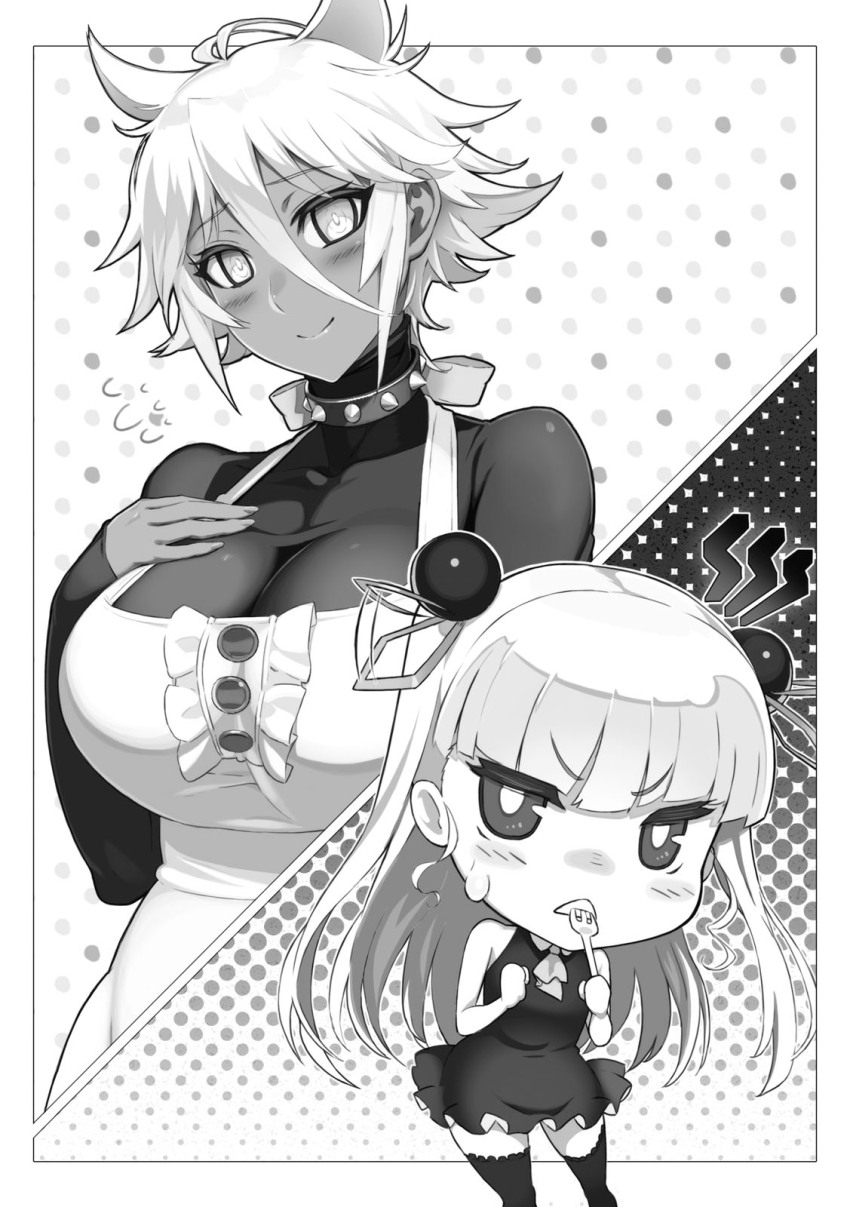 2girls apron blush breasts collar dark-skinned_female dark_skin demon_girl hair_ornament highres large_breasts long_hair maid maid_apron monochrome multiple_girls naruse_maria novel_illustration official_art ookuma_nekosuke shinmai_maou_no_testament short_hair small_breasts spiked_collar spikes thighhighs zest