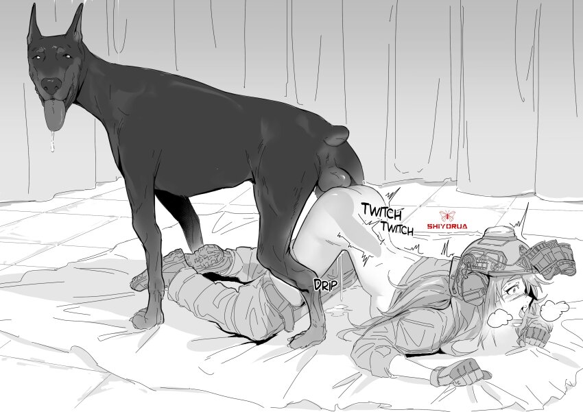 1boy 1girl absurdres animal_penis ass-to-ass bed_sheet bestiality blush breasts combat_helmet commentary cross-section cum cum_in_pussy cumdrip dobermann dog drooling english_commentary erection gloves helmet hetero highres indie_virtual_youtuber knotted_penis knotting large_penis medium_breasts military_uniform night_vision_device open_mouth penis puff_of_air sex sex_from_behind sheet_grab shiyorua shiyorua_(vtuber) solo solo_focus sound_effects testicles tongue tongue_out top-down_bottom-up vaginal virtual_youtuber