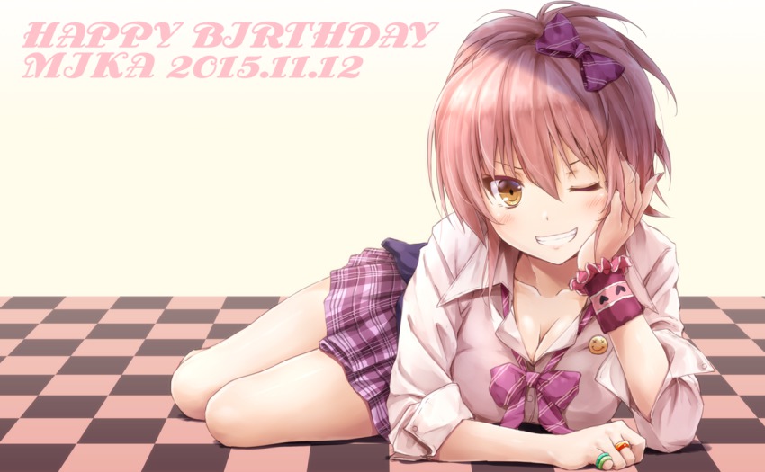 10s 1girl ;d arm_support badge blush bow bowtie breasts brown_eyes character_name checkered_clothes checkered_floor checkered_skirt cleavage collarbone collared_shirt dated female_focus grin hair_bow hand_on_own_cheek hand_on_own_face happy_birthday idolmaster idolmaster_cinderella_girls jewelry jougasaki_mika looking_at_viewer lying one_eye_closed open_mouth parted_lips pink_hair ring shirt short_hair skirt sleeves_rolled_up smile solo suien teeth