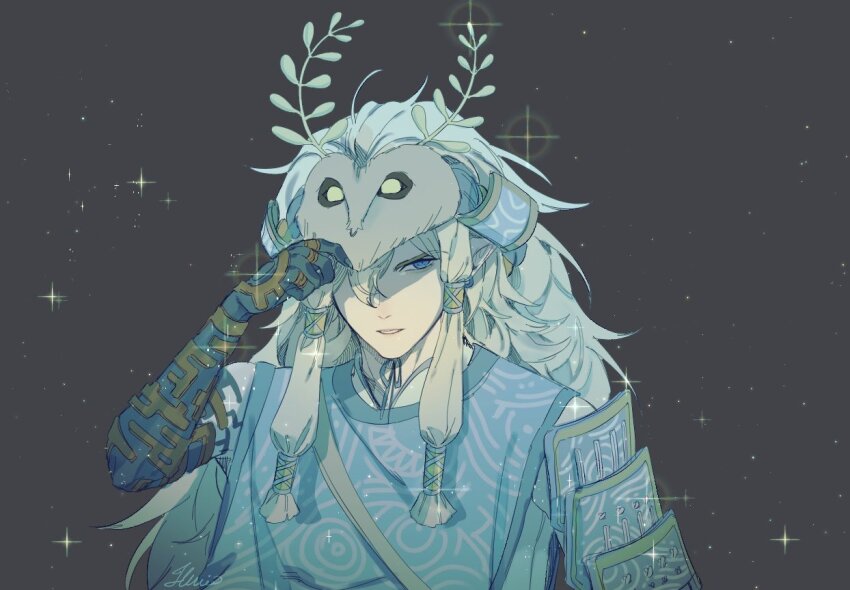 1boy adjusting_mask armor blue_eyes grey_background japanese_armor link long_hair mask mystic_set_(zelda) nintendo pu_hegg shoulder_armor shoulder_plates simple_background sode solo sparkle the_legend_of_zelda the_legend_of_zelda:_tears_of_the_kingdom upper_body wig