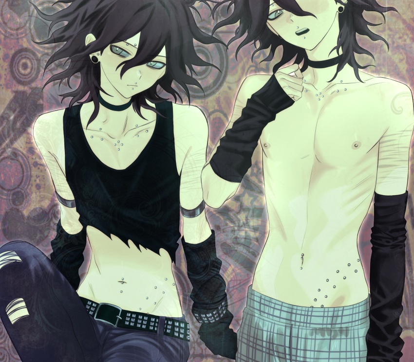 absurdres alternate_costume alternate_hair_color bare_shoulders belt black_belt black_choker black_hair black_shirt choker collarbone_piercing d: danganronpa_(series) danganronpa_2:_goodbye_despair denim detached_sleeves earrings eyebrow_piercing hair_between_eyes highres jeans jewelry komaeda_nagito male_focus messy_hair navel_piercing open_mouth pants piercing scar scar_on_arm self-harm_scar shirt teeth torn_clothes torn_shirt upper_teeth_only veggiemist