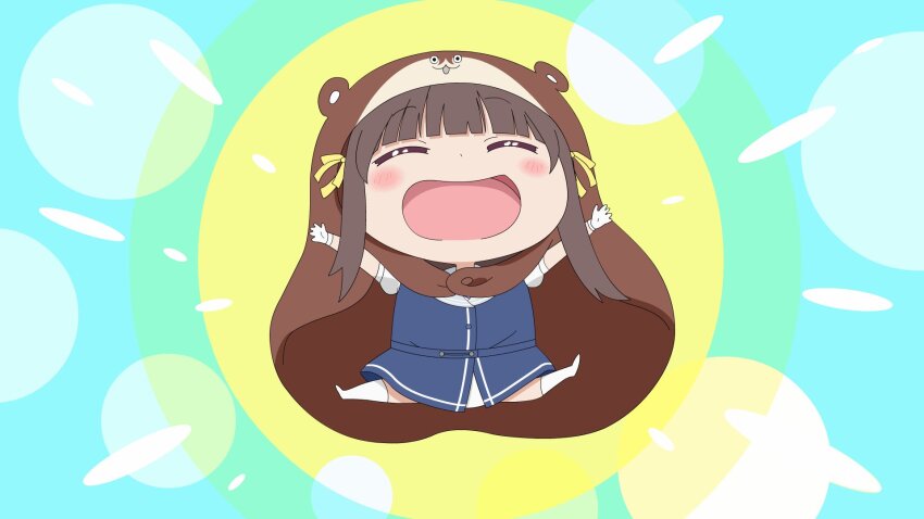 1girl animal_hood black_hair blue_dress blunt_bangs bokukawauso closed_eyes commentary_request cosplay doma_umaru doma_umaru_(cosplay) dress gloves highres himouto!_umaru-chan hood jumping otter_hood parody short_hair_with_long_locks short_sleeves smile socks solo style_parody sugapi white_gloves white_socks