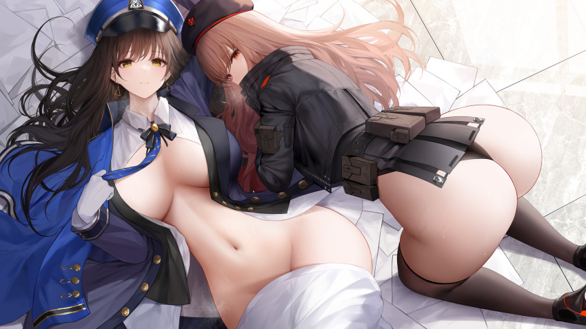 2girls all_fours an_yasuri ass bad_id bad_pixiv_id bare_hips beret black_hair black_hat black_jacket black_leotard blue_hat blue_jacket blue_necktie breasts breasts_apart brown_hair closed_mouth curvy diesel_(nikke) earrings gloves goddess_of_victory:_nikke hat highres jacket jewelry large_breasts leotard long_hair long_sleeves looking_at_viewer looking_back lying military military_hat military_uniform multiple_girls navel necktie no_panties on_back open_clothes open_jacket open_shirt papers rapi_(nikke) red_eyes shirt sweat thighhighs triangle_earrings white_gloves white_shirt wide_hips yellow_eyes