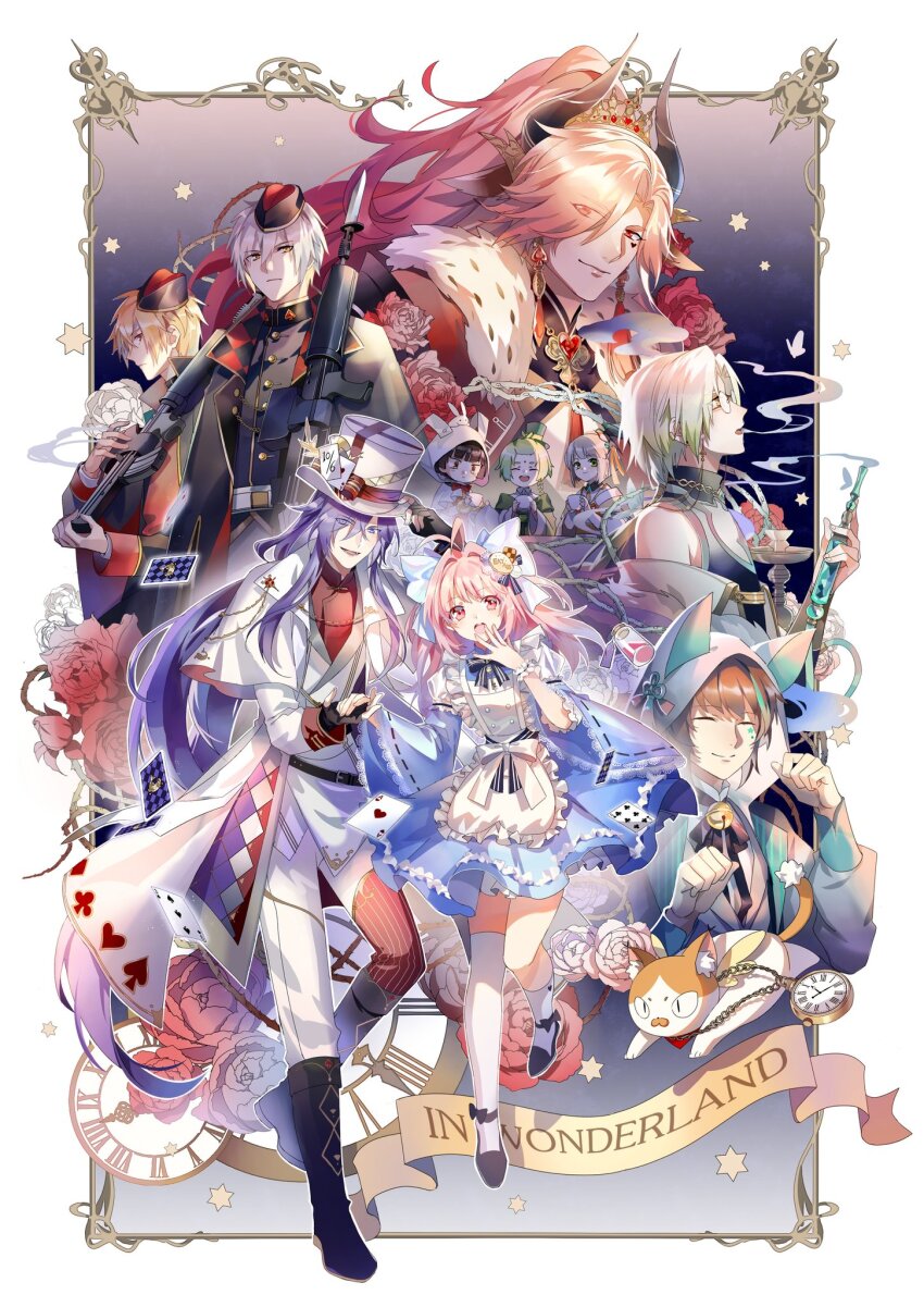 6+boys :d ^_^ alice_(alice_in_wonderland) alice_(alice_in_wonderland)_(cosplay) alice&#039;s_adventures_in_wonderland analog_clock animal_ears animal_hood ankle_strap antenna_hair apron argyle_clothes argyle_coat assault_rifle asymmetrical_legwear asymmetrical_pants bangs_pinned_back bayonet bell belt belt_buckle bird_hair_ornament black_background black_belt black_bow black_bowtie black_cape black_footwear black_gloves black_hair black_headwear black_jacket black_ribbon black_shirt blonde_hair blue_dress blunt_bangs bob_cut boots border bow bowtie brown_hair buckle bug butterfly buttons cabbage_blossom_(the_tale_of_food) cape capelet card cat cat_ear_cookie_(the_tale_of_food) cat_hood caterpillar_(alice_in_wonderland) caterpillar_(alice_in_wonderland)_(cosplay) checkerboard_cookie cheshire_cat_(alice_in_wonderland) cheshire_cat_(alice_in_wonderland)_(cosplay) choppy_bangs cleavage_cutout cloak clock closed_eyes closed_mouth clothing_cutout club_(shape) coat colored_tips cookie cosplay cow_ears crab-roe_soup_bun_(the_tale_of_food) crossdressing crown cup dezhou_chicken_(the_tale_of_food) diamond_(shape) dress earclip earrings eat_me eyes_visible_through_hair eyewear_strap facial_mark facing_viewer fingerless_gloves flower flower_knot food food-themed_hair_ornament forehead_mark framed from_side fuli_chicken_(the_tale_of_food) full_body fur-trimmed_cape fur_trim garrison_cap gem glasses gloves gradient_background green_eyes green_hair green_headwear green_jacket grey_jacket grey_vest gun hair_between_eyes hair_bow hair_intakes hair_ornament hair_over_one_eye hair_tubes hand_to_own_mouth har-gow_(the_tale_of_food) hat hat_bow hat_ornament heart heart_facial_mark hexagram highres holding holding_cup holding_gun holding_hands holding_smoking_pipe holding_weapon hood hood_up hooded_cloak hookah horns insect inverted_bob jacket jar jewelry lace-trimmed_sleeves lace_trim layered_sleeves lingcat long_hair looking_at_viewer looking_up low_ponytail lu_wu_(the_tale_of_food) mad_hatter_(alice_in_wonderland) mad_hatter_(alice_in_wonderland)_(cosplay) male_focus mandarin_collar mugwort_riceball_(the_tale_of_food) multicolored_hair multiple_boys neck_bell neck_ribbon off_shoulder open_clothes open_coat open_mouth outside_border pants parted_bangs parted_lips paw_pose pink_eyes pink_hair pinstripe_pants pinstripe_pattern plant playing_card pocket_watch ponytail profile purple_eyes purple_hair queen_of_hearts_(alice_in_wonderland) queen_of_hearts_(alice_in_wonderland)_(cosplay) red_bow red_bowtie red_cape red_eyes red_flower red_gemstone red_pants red_rose red_shirt ribbon rifle rose round_eyewear serious shirt shoes short_hair shredded_jerky_(the_tale_of_food) sleeve_cuffs sleeveless sleeveless_shirt smile smoke smoking_pipe socks spade_(shape) spring_roll_(the_tale_of_food) standing standing_on_one_leg star_(symbol) star_facial_mark star_of_david striped table tassel tassel_earrings teacup the_tale_of_food thighhighs thorns top_hat trap uneven_legwear upper_body vest vines watch weapon white_apron white_border white_bow white_capelet white_cloak white_coat white_flower white_hair white_headwear white_jacket white_pants white_rose white_shirt white_socks white_thighhighs wide_ponytail wide_sleeves wrist_cuffs yellow_eyes yuxiang_pork_(the_tale_of_food)