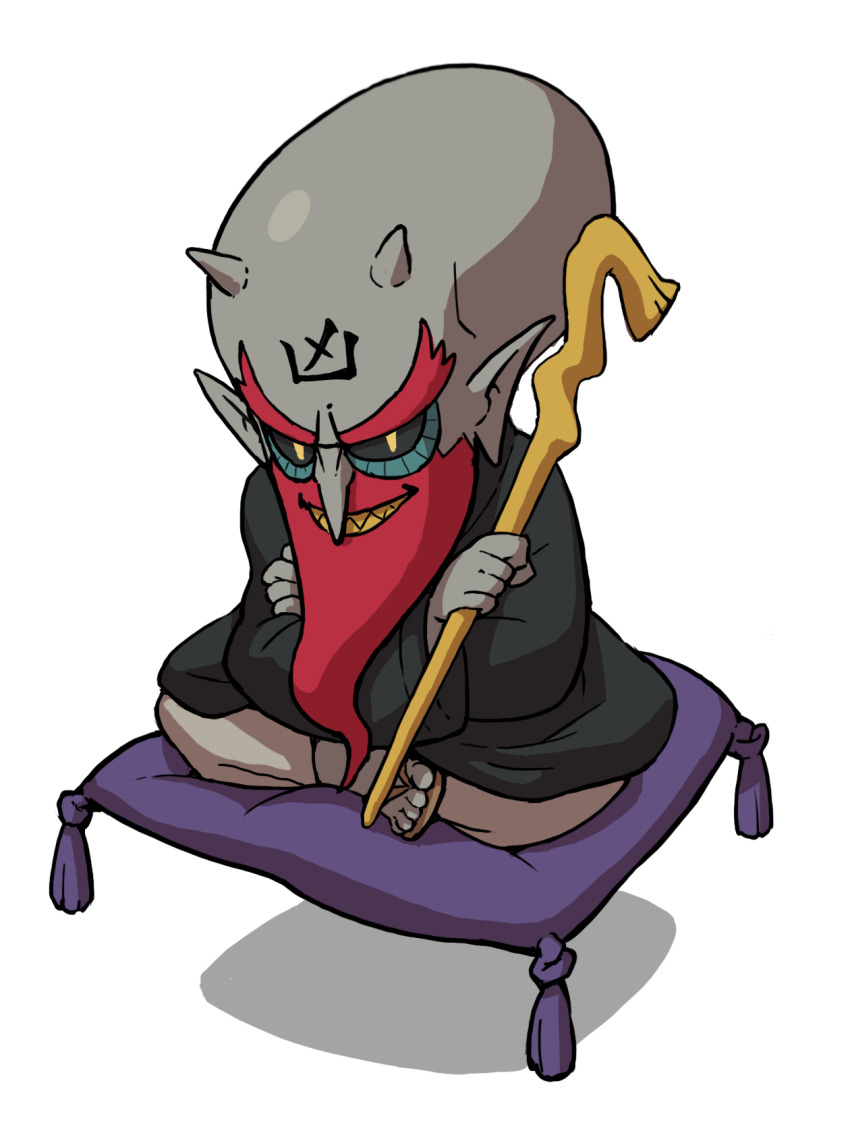 1boy bald beard big_head black_kimono black_sclera colored_sclera colored_skin demon_boy facial_hair floating full_body grey_skin grin highres holding holding_staff indian_style japanese_clothes kimono long_beard official_art on_pillow pointy_ears red_hair sandals sharp_teeth simple_background sitting small_horns smile solo staff teeth third-party_source white_background yamimaro youkai_(youkai_watch) youkai_watch