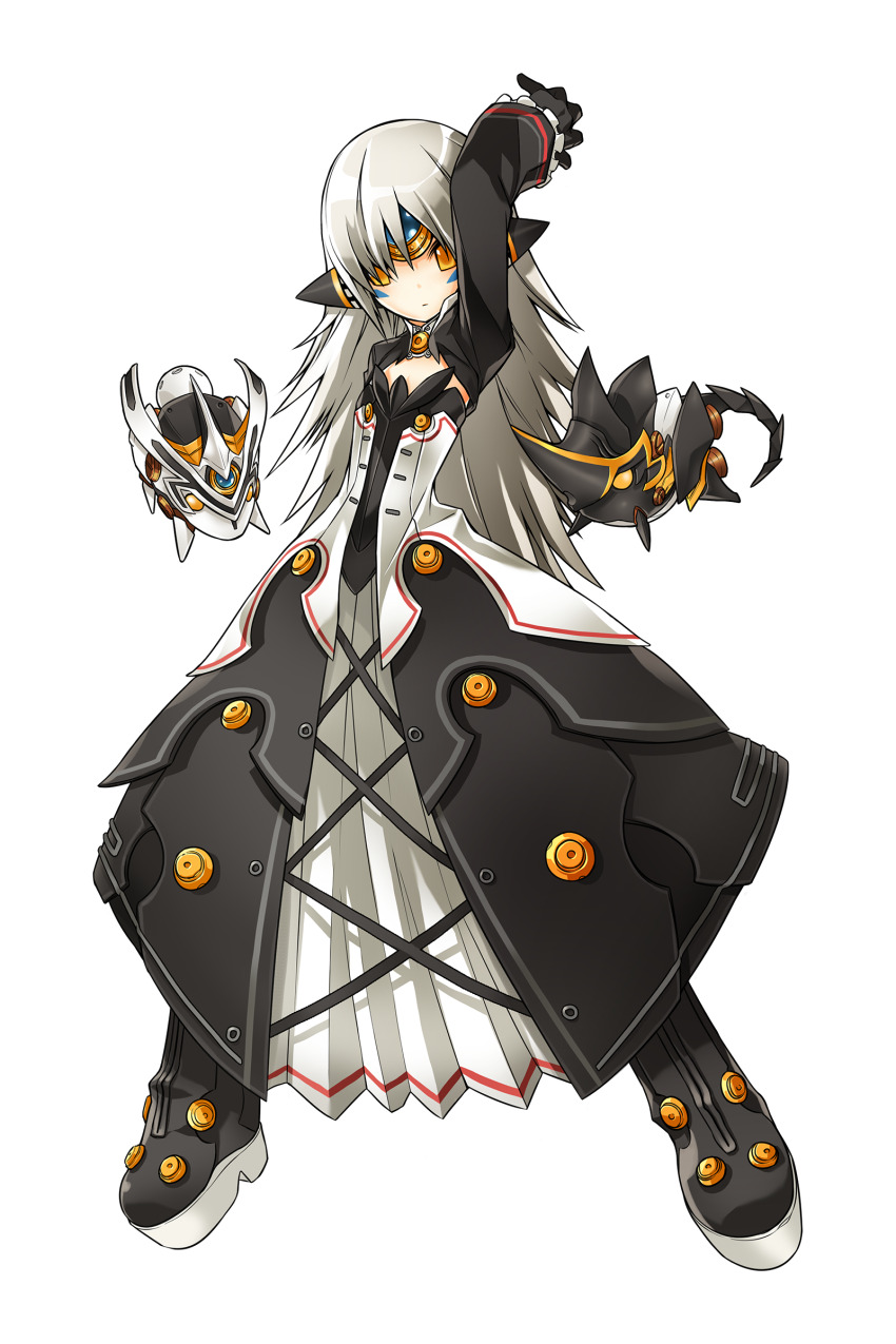 1girl absurdres arm_up artist_request black_boots black_dress black_gloves black_shrug blue_gemstone boots check_artist collared_shrug cross-laced_clothes cross-laced_dress dress elsword eve_(elsword) expressionless forehead_jewel frilled_sleeves frills full_body game_cg gem gloves grey_hair hair_between_eyes high_collar highres juliet_sleeves layered_dress legs_apart long_dress long_hair long_sleeves looking_at_viewer marking_on_cheek official_art orange_eyes platform_boots pleated_dress puffy_sleeves ress robot second-party_source shrug_(clothing) sleeves_past_wrists solo standing strapless strapless_dress tachi-e transparent_background very_long_hair white_dress