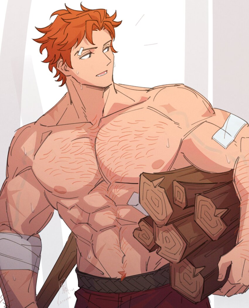 abs absurdres arm_hair bandage_over_one_eye bandaged_arm bandages bara biceps chest_hair collarbone commentary cowboy_shot english_commentary fire_emblem fire_emblem:_three_houses groin highres holding holding_weapon large_pectorals log looking_to_the_side lower_teeth_only male_focus male_pubic_hair nintendo nipples open_mouth orange_hair pants pectorals pubic_hair red_pants satodee short_hair sylvain_jose_gautier teeth topless_male wavy_hair weapon