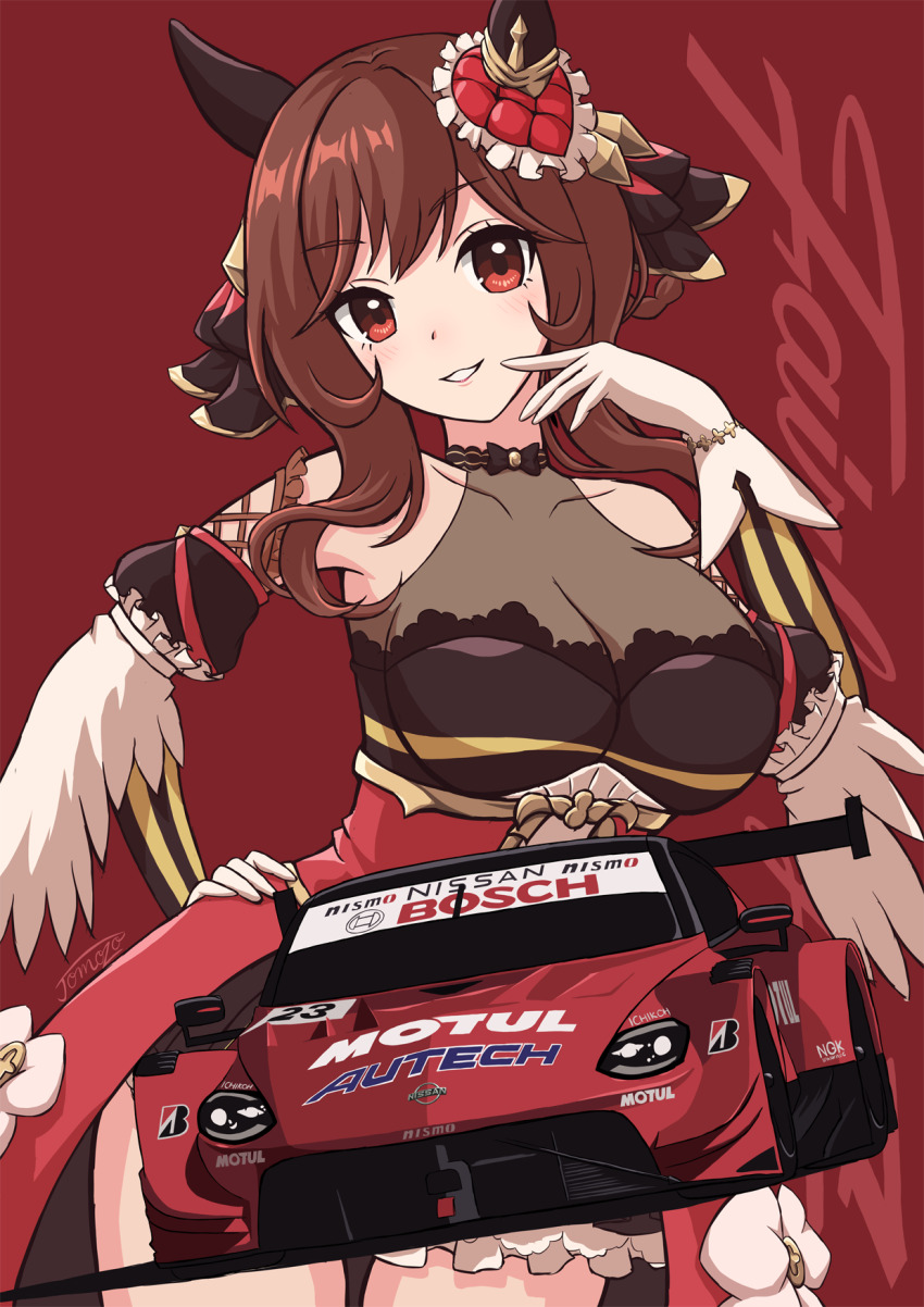 1girl animal_ears bare_shoulders braid braided_hair_rings breasts bridgestone brown_hair car ear_covers gentildonna_(umamusume) gloves hair_rings hand_on_own_hip heart-shaped_ornament heart_ear_ornament highres horse_ears horse_girl large_breasts long_hair looking_at_viewer motor_vehicle motul_(company) nismo nissan nissan_fairlady_z red_background red_eyes signature simple_background smile solo super_gt tomozo8674 umamusume white_gloves