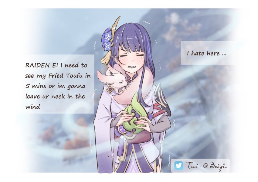 1girl 3d_background =_= ahoge animalization armor beiyi blunt_bangs blurry bow bowtie bridal_gauntlets cold collarbone commentary depth_of_field earrings english_commentary english_text fox genshin_impact hair_ornament holding japanese_clothes jewelry long_hair looking_at_viewer low_ponytail mitsudomoe_(shape) mole mole_under_eye obi pink_fur ponytail purple_hair raiden_shogun sash scarf shoulder_armor sidelocks speech_bubble tears tomoe_(symbol) trembling vision_(genshin_impact) wide_sleeves yae_miko yae_miko_(fox)