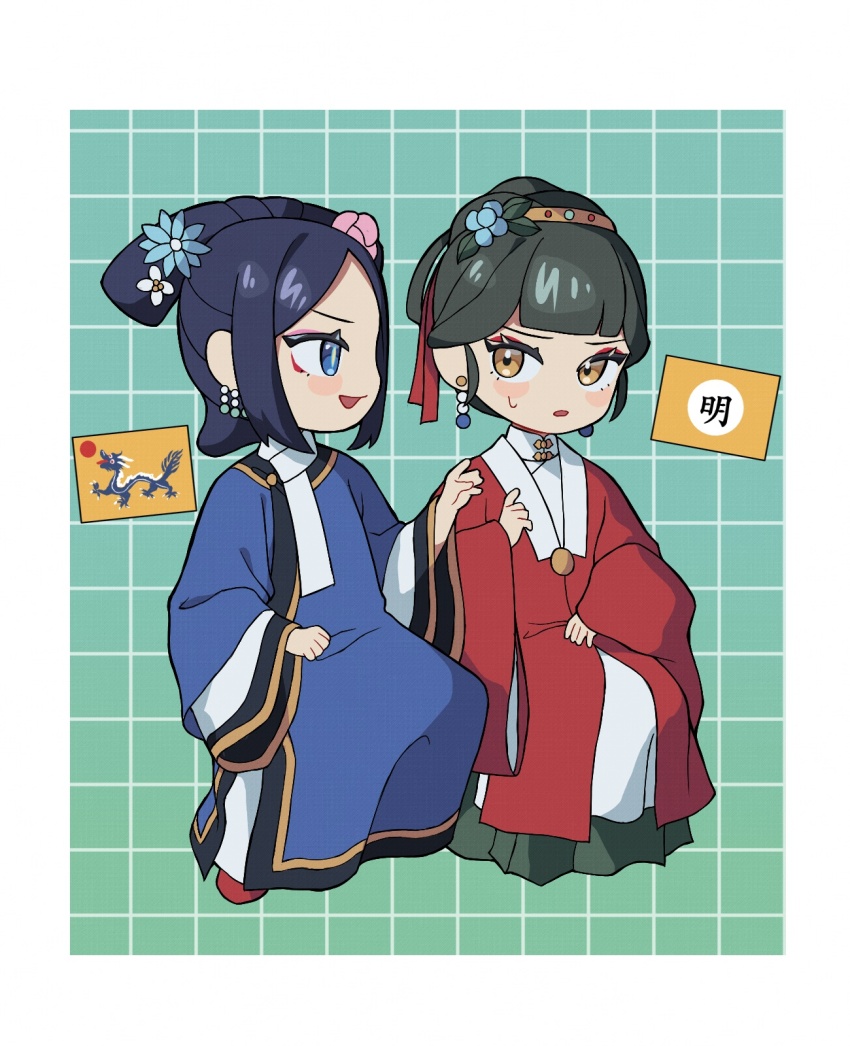 2girls aoqun beizi_(clothing) black_hair blue_eyes china_(kuroussa) chinese_clothes earrings eyeliner flower full_body green_hair hair_flower hair_ornament hanfu highres jewelry kuroussa liangbatou looking_at_another makeup manchu_clothes mandarin_collar ming_dynasty multiple_girls open_mouth original pankou pink_eyeliner pleated_skirt purple_hair qing_dynasty qing_dynasty_(kuroussa) red_eyeliner scarf skirt slit_pupils smile white_scarf yellow_eyes