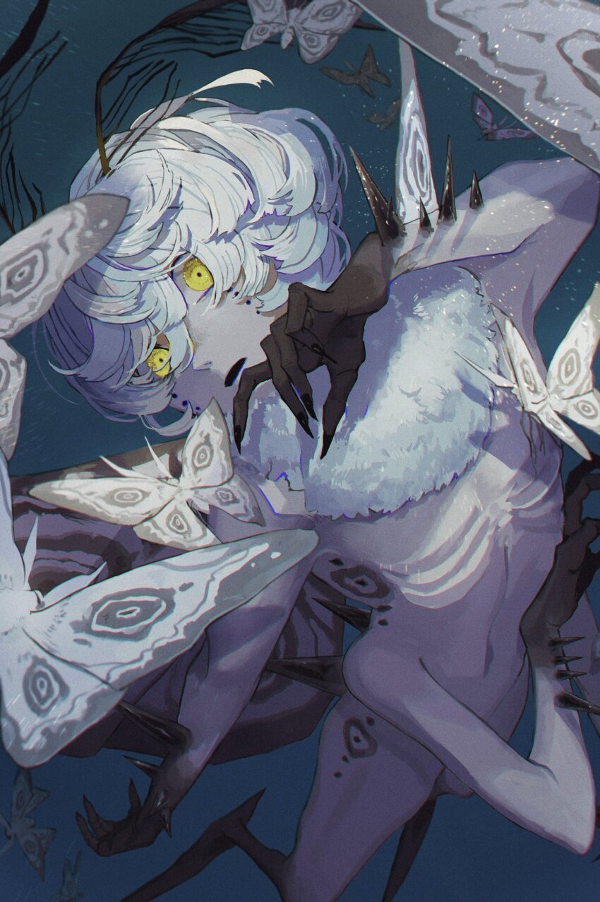 1boy animal arthropod_boy blue_background blue_hair bug colored_skin commentary_request emaciated extra_arms grey_skin highres insect insect_wings looking_at_viewer male_focus momomo_906 monster_boy moth moth_antennae moth_boy moth_wings neck_fur original ribs short_hair simple_background solo wings yellow_eyes