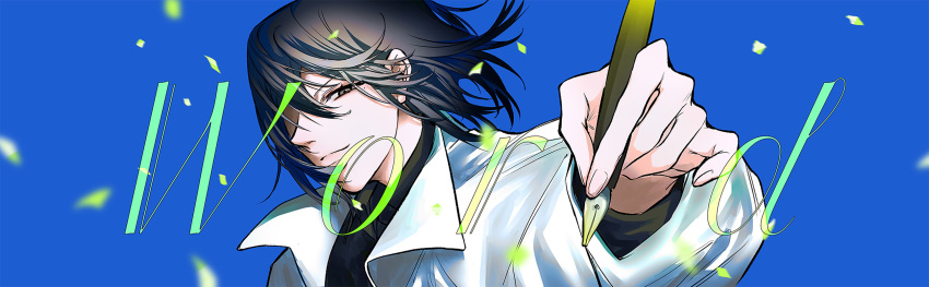 1girl birthday black_hair black_shirt blue_background coat collared_shirt commentary english_commentary english_text floating_hair han_sooyoung highres holding holding_pen long_sleeves nib_pen_(object) omniscient_reader&#039;s_viewpoint pen raya_(000_unseen) shirt short_hair solo white_coat