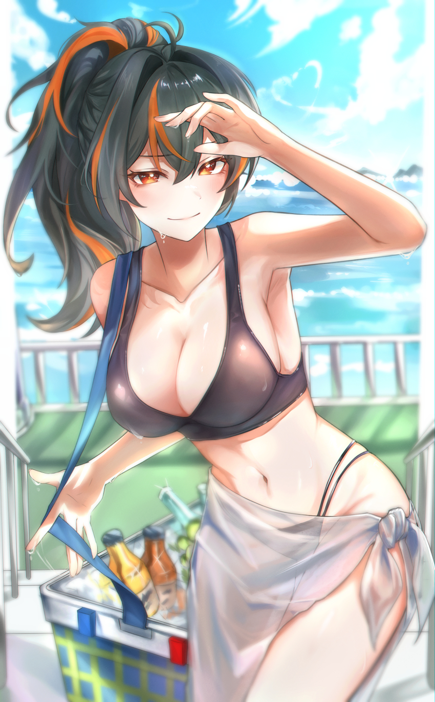 1girl absurdres arm_up armpits artist_request bikini black_bikini black_hair blue_sky breasts collarbone cooler covering_head day highres large_breasts looking_at_viewer multicolored_hair navel ocean outdoors ponytail red_eyes red_hair sarong sky smile solo stomach streaked_hair string_bikini sweat swimsuit white_sarong zenless_zone_zero zhu_yuan