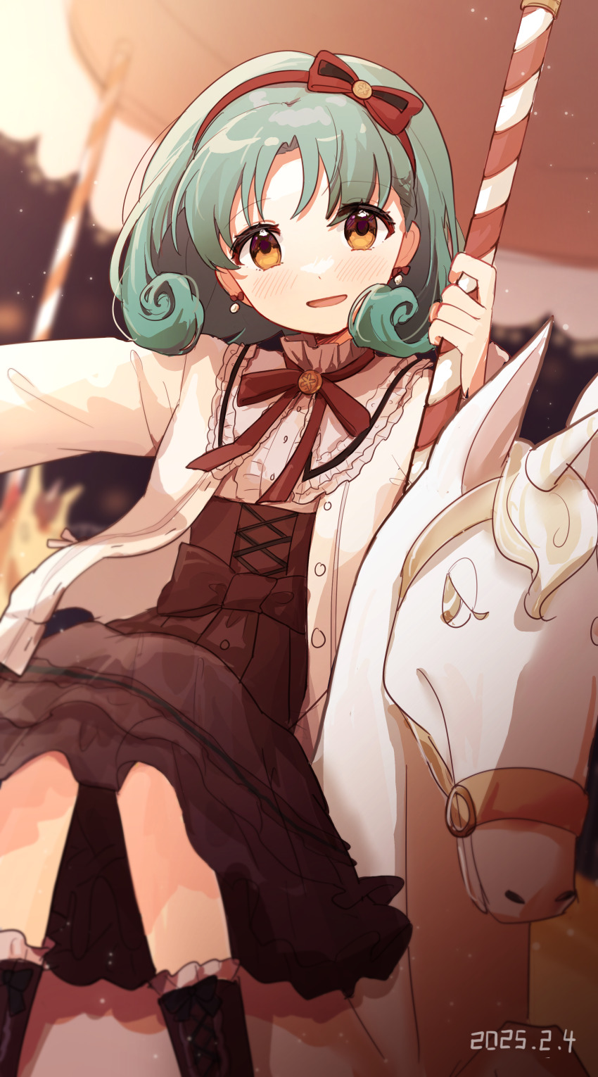 1girl absurdres aqua_hair black_boots black_dress black_hairband black_ribbon blurry boots bow_hairband brown_eyes capelet carousel collar curly_hair dated depth_of_field dot_nose dress eyelashes frilled_capelet frilled_collar frilled_socks frills hairband highres idolmaster idolmaster_million_live! idolmaster_million_live!_theater_days jacket looking_at_viewer neck_ribbon nnnn off official_alternate_costume open_clothes open_jacket outstretched_arm parted_bangs private_dress_(idolmaster_million_live!) ribbon sitting smile socks solo tokugawa_matsuri white_capelet white_jacket