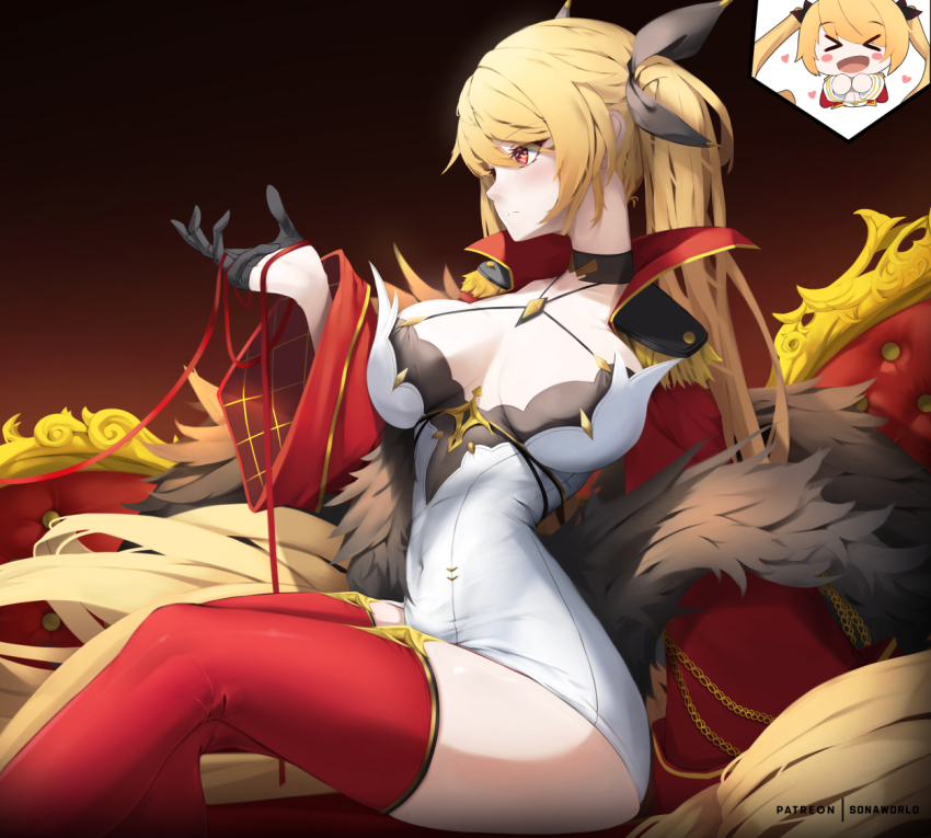 &gt;_&lt; 1girl absurdly_long_hair artist_name azur_lane black_choker black_gloves blonde_hair breasts breasts_apart cape choker cleavage covered_navel dress epaulettes feet_out_of_frame fur-trimmed_cape fur_trim gloves gradient_background half_gloves high_collar large_breasts long_hair microdress nelson_(azur_lane) nelson_(retrofit)_(azur_lane) orange_eyes red_thighhighs retrofit_(azur_lane) simple_background solo sonaworld speech_bubble string string_of_fate taut_clothes taut_dress thighhighs thought_bubble twintails very_long_hair white_dress zettai_ryouiki