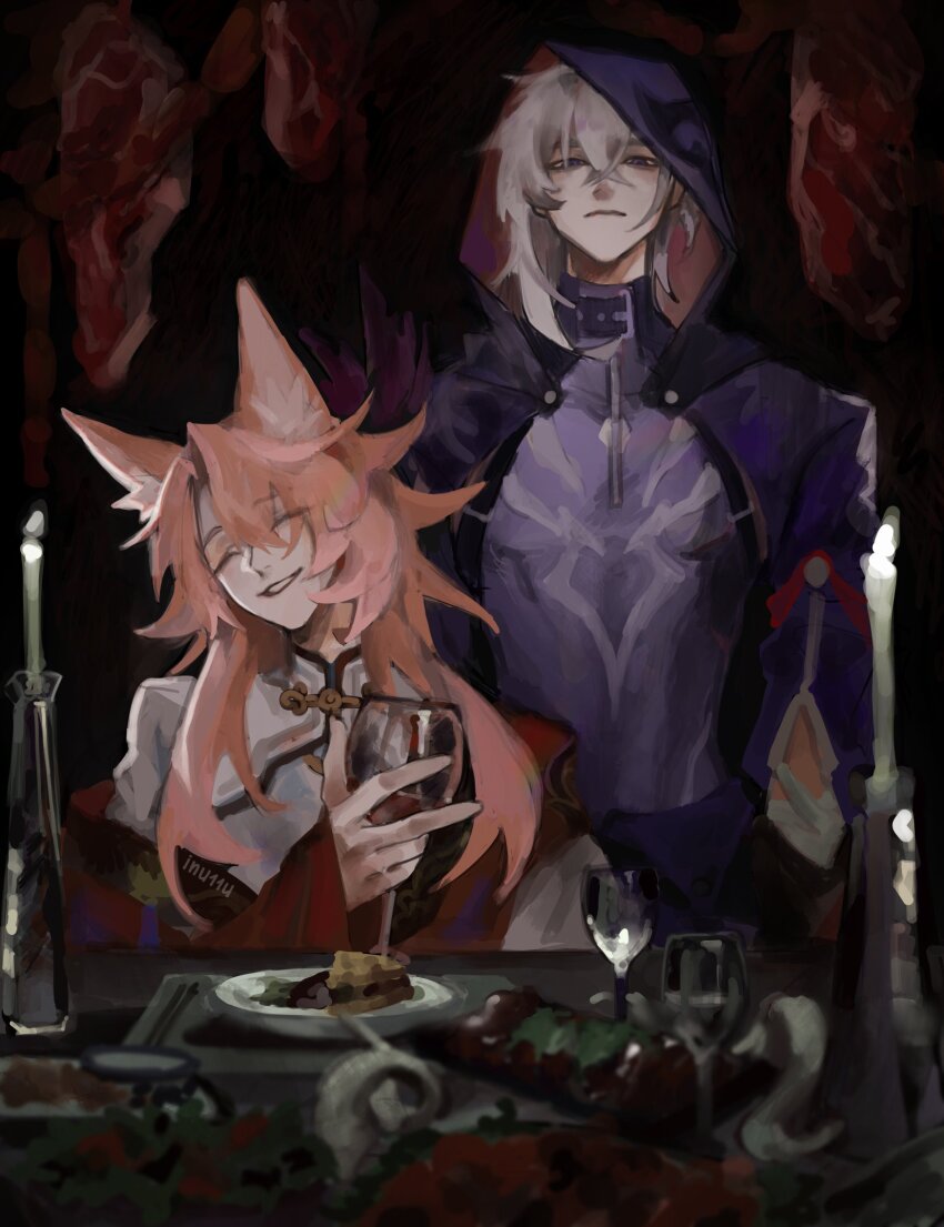 2boys animal_ears arm_up asymmetrical_hair candle candlestand check_food closed_eyes closed_mouth commentary compression_shirt crossed_bangs cup curtained_hair drinking_glass facing_viewer fire food food_request fox_boy fox_ears grey_hair hashtag-only_commentary highres holding holding_cup honkai:_star_rail honkai_(series) hood hood_up inu11u jacket jiaoqiu_(honkai:_star_rail) long_sleeves looking_at_viewer male_focus mandarin_collar meat moze_(honkai:_star_rail) multiple_boys open_clothes open_jacket parted_lips pink_hair plate purple_jacket raw_meat sitting smile standing teeth two-sided_hoodie wine_glass