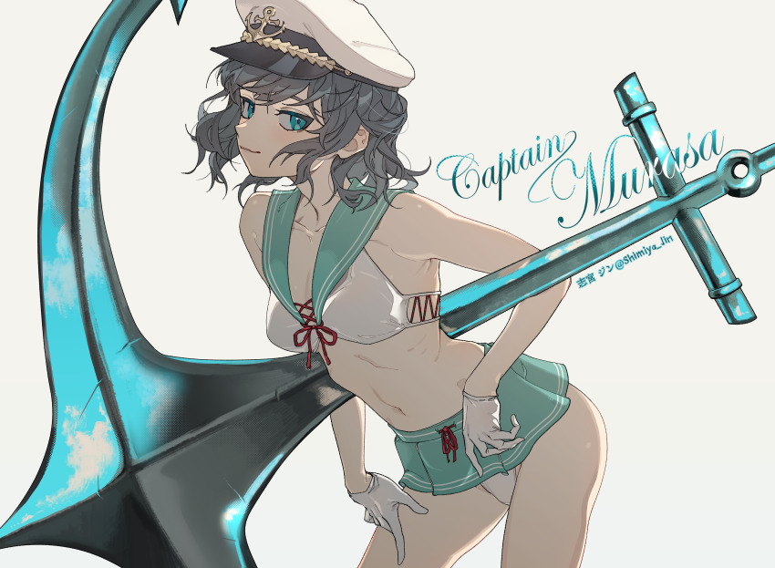 1girl absurdres aqua_eyes bikini breasts collarbone collared_bikini gloves green_eyes green_skirt hat highres looking_at_viewer miniskirt murasa_minamitsu sailor_collar sailor_hat shimiya_jin short_hair skirt small_breasts smile solo swimsuit touhou white_background white_bikini white_gloves