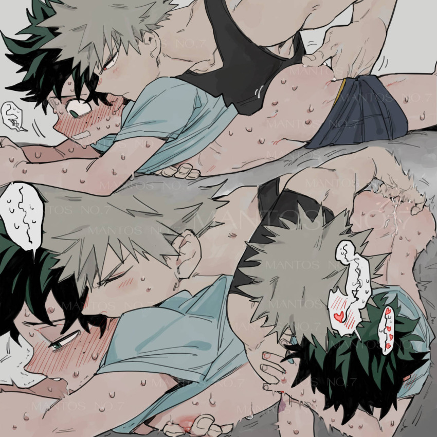 2boys anal anal_fingering ass awkward bakugou_katsuki biting blonde_hair blush boku_no_hero_academia curly_hair fingering freckles green_eyes green_hair highres kiss legs lying mantos_no.7 messy_hair midoriya_izuku multiple_boys on_stomach reading red_eyes shirt shorts spiked_hair surprised sweatdrop yaoi